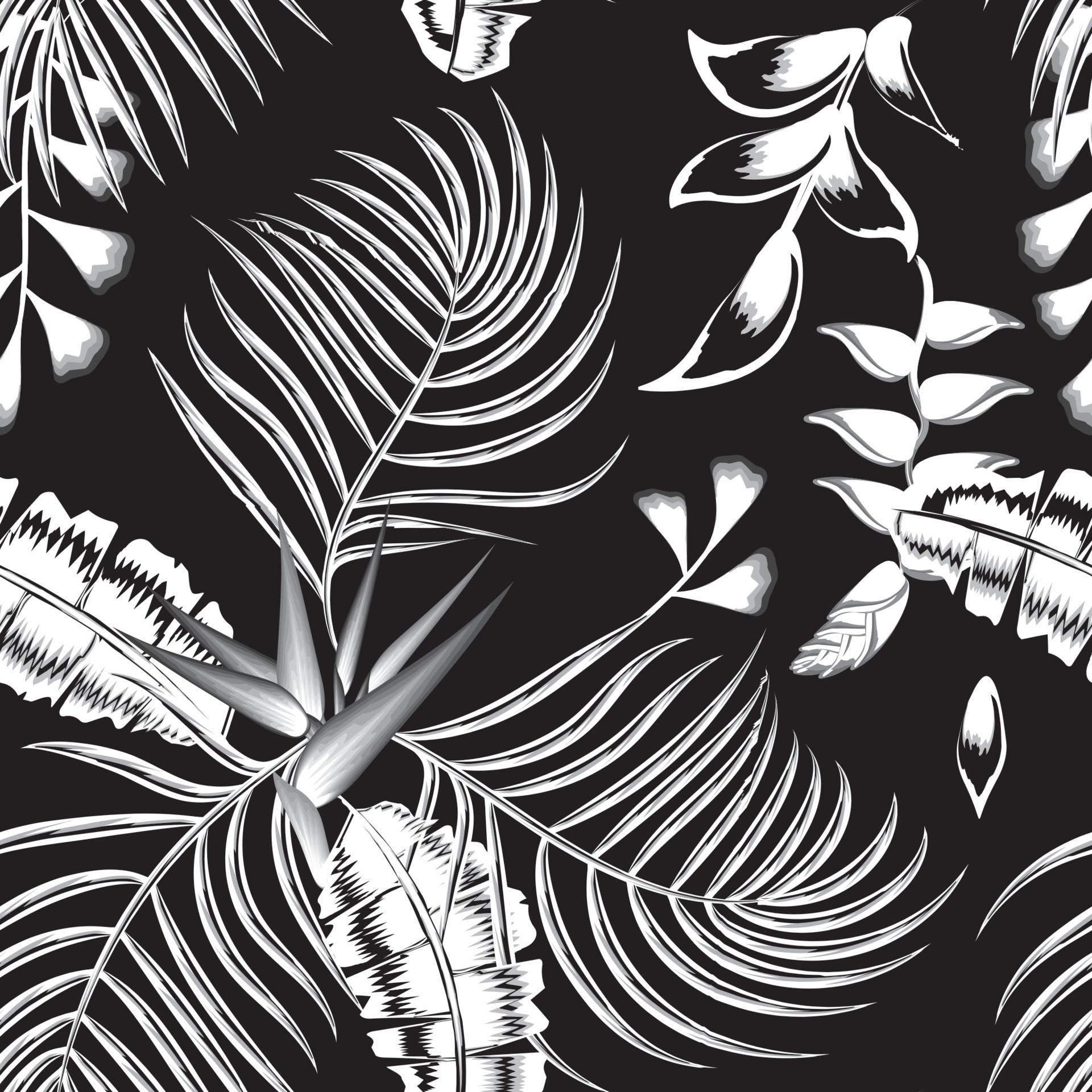 1920x1920 black and white vintage color tropical heliconia flowers seamless pattern with monochromatic banana palm leaves and foliage on dark background. Jungle vector floral wallpaper. Exotic tropics. Summer
