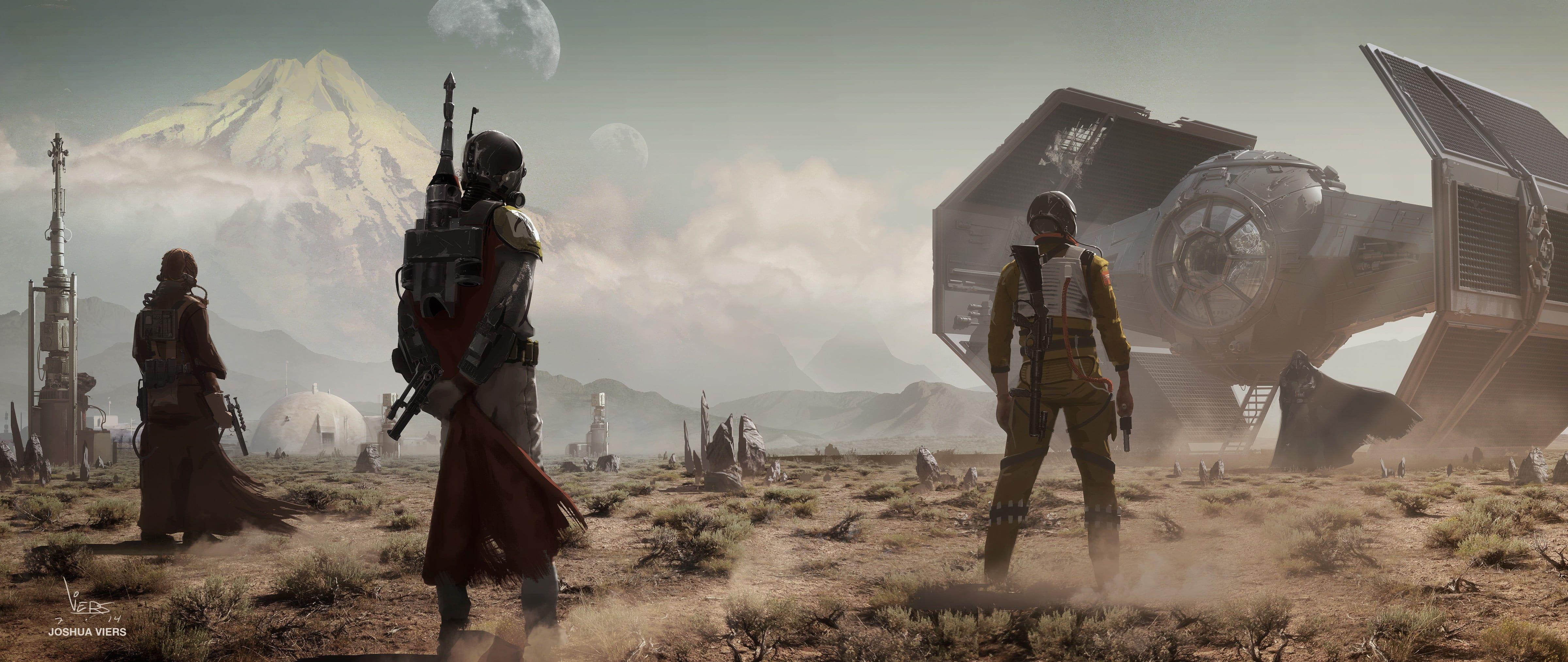 4800x2028 Darth Vader and Tie Fighter painting Star Wars #desert bounty hunter #weapon #mountains concept art fan. Star wars wallpaper, Star wars fan art, Star wars artwork