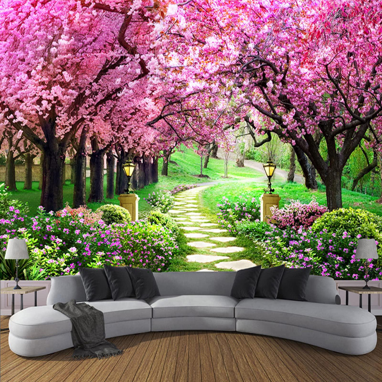 1600x1600 Custom 3D Photo Wallpaper Flower Romantic Cherry Blossom Tree Small Road Wall Mural Wallpaper for Living Room Bedroom, 150 * 105cm