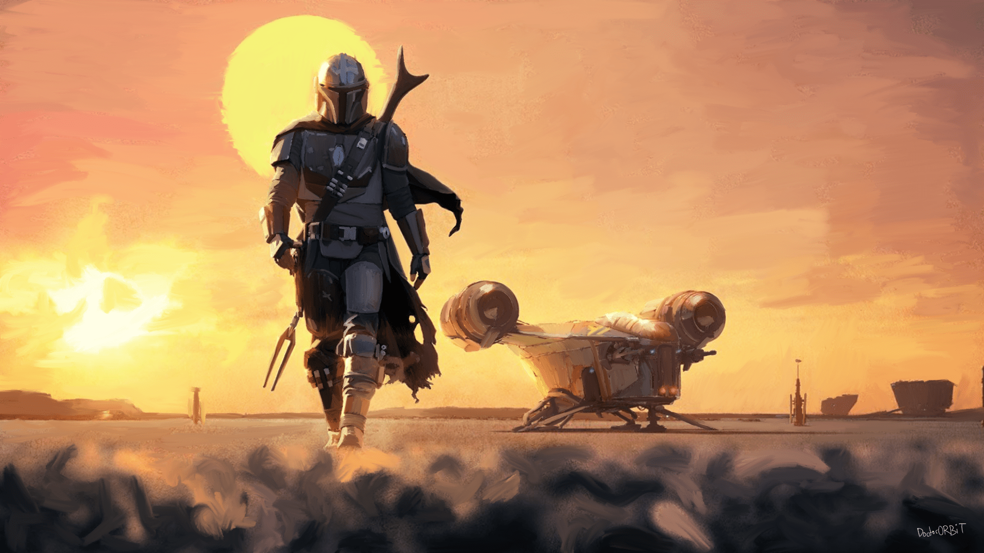 1920x1080 Wallpaper / The Mandalorian, Star Wars, spaceship, Tatooine, desert, digital art, artwork, tv series, science fiction free download