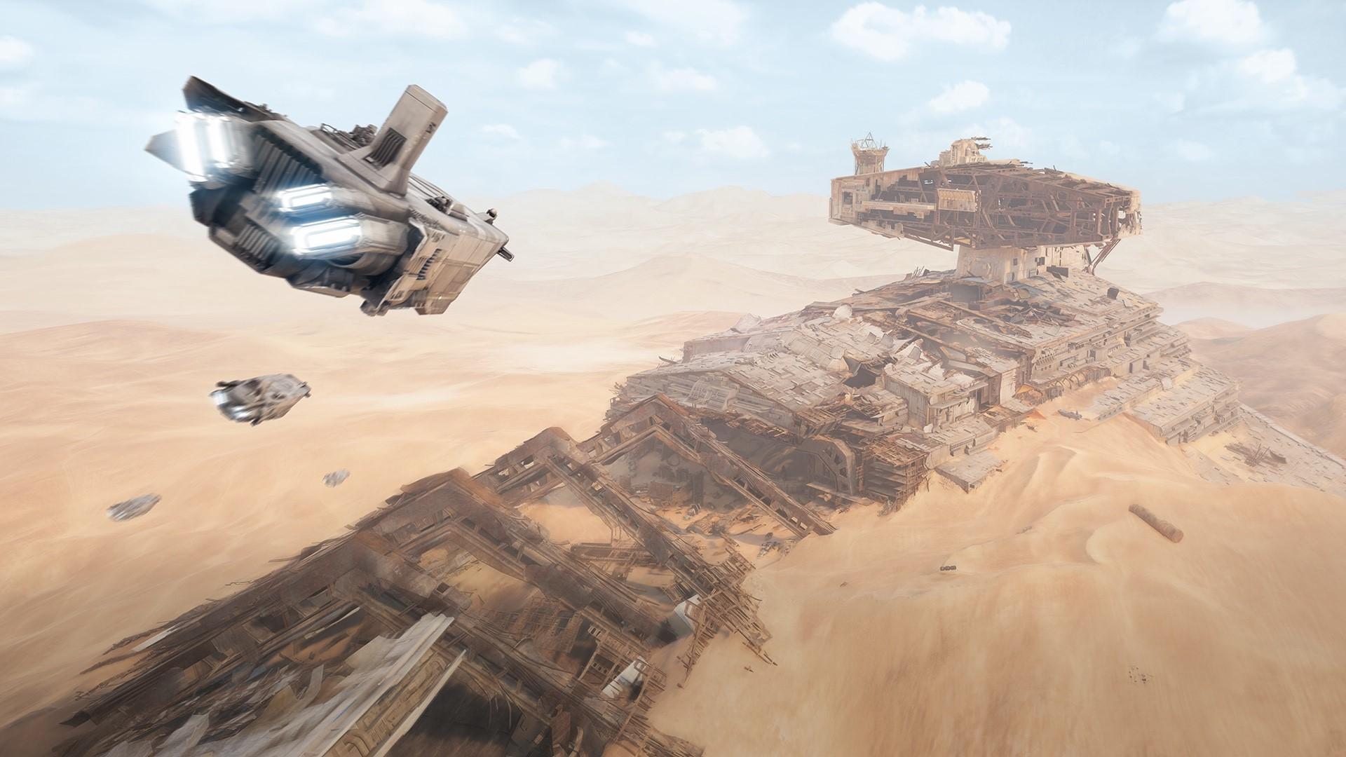 1920x1080 Wallpaper / Star Wars, spaceship, Jakku, Star Destroyer, science fiction, desert, ruin, Film set free download