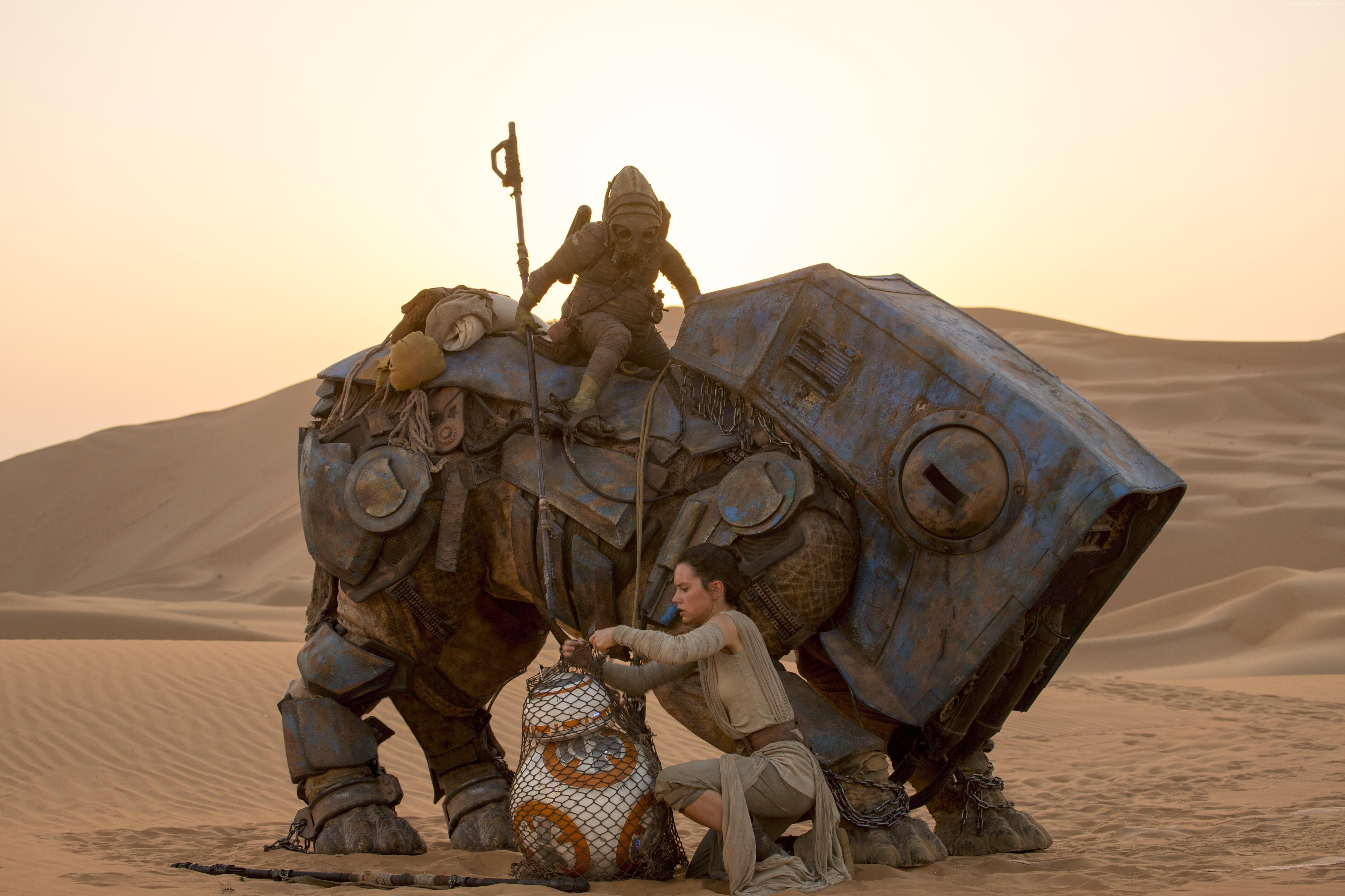 5760x3840 landscape, sand, desert, Star Wars The Force Awakens, Daisy Ridley, BB Sahara, Rey, material, camel, screenshot, natural environment, aeolian landform, erg, arabian camel Gallery HD Wallpaper