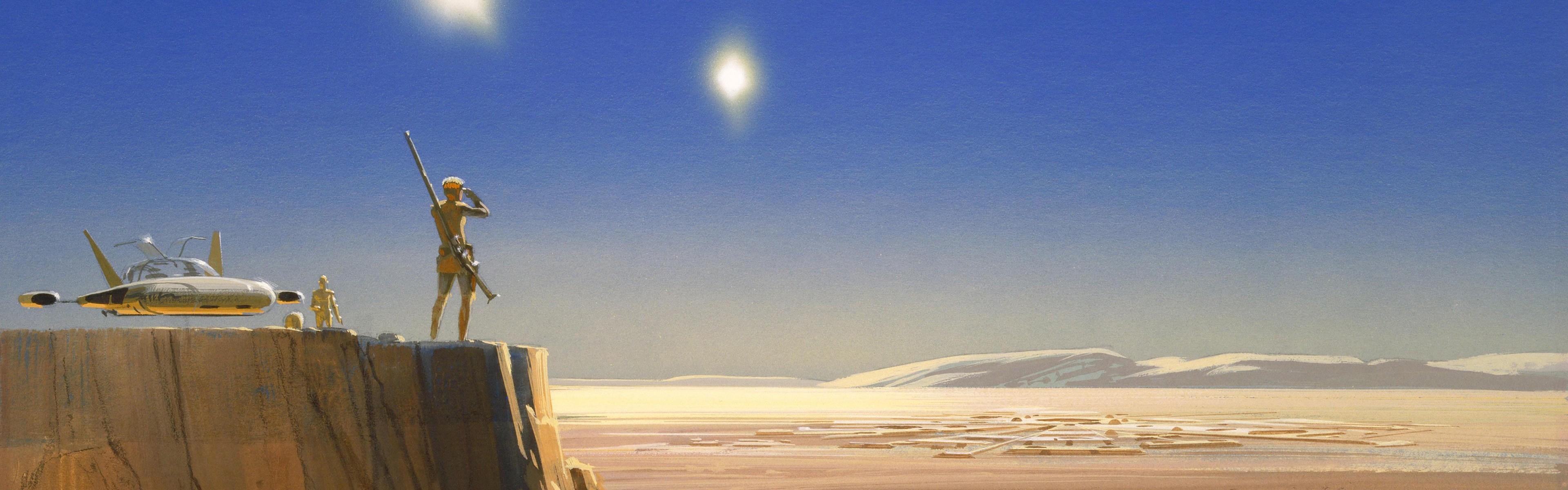 3840x1200 star wars minimalism desert tatooine suns Gallery HD Wallpaper