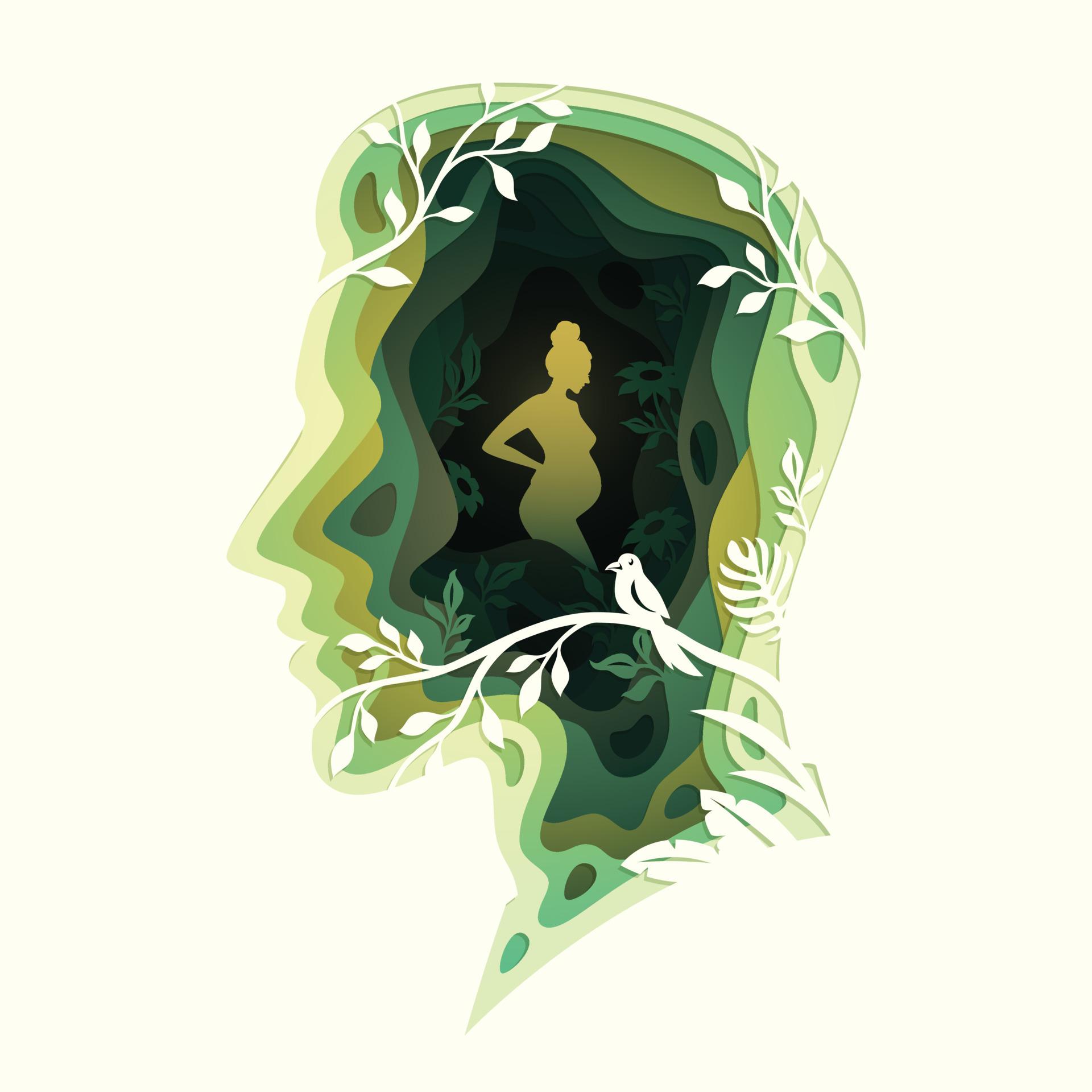 1920x1920 Paper cut layered human head with happy pregnant woman holds her belly, business or mind psychology concept