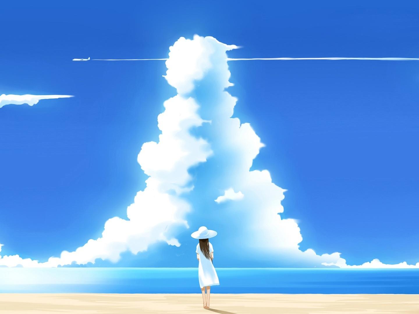1440x1080 Download Girl Walking on a Beach Anime, Young woman, Walking, Beach, Anime Wallpaper in 1440x1080 Resolution