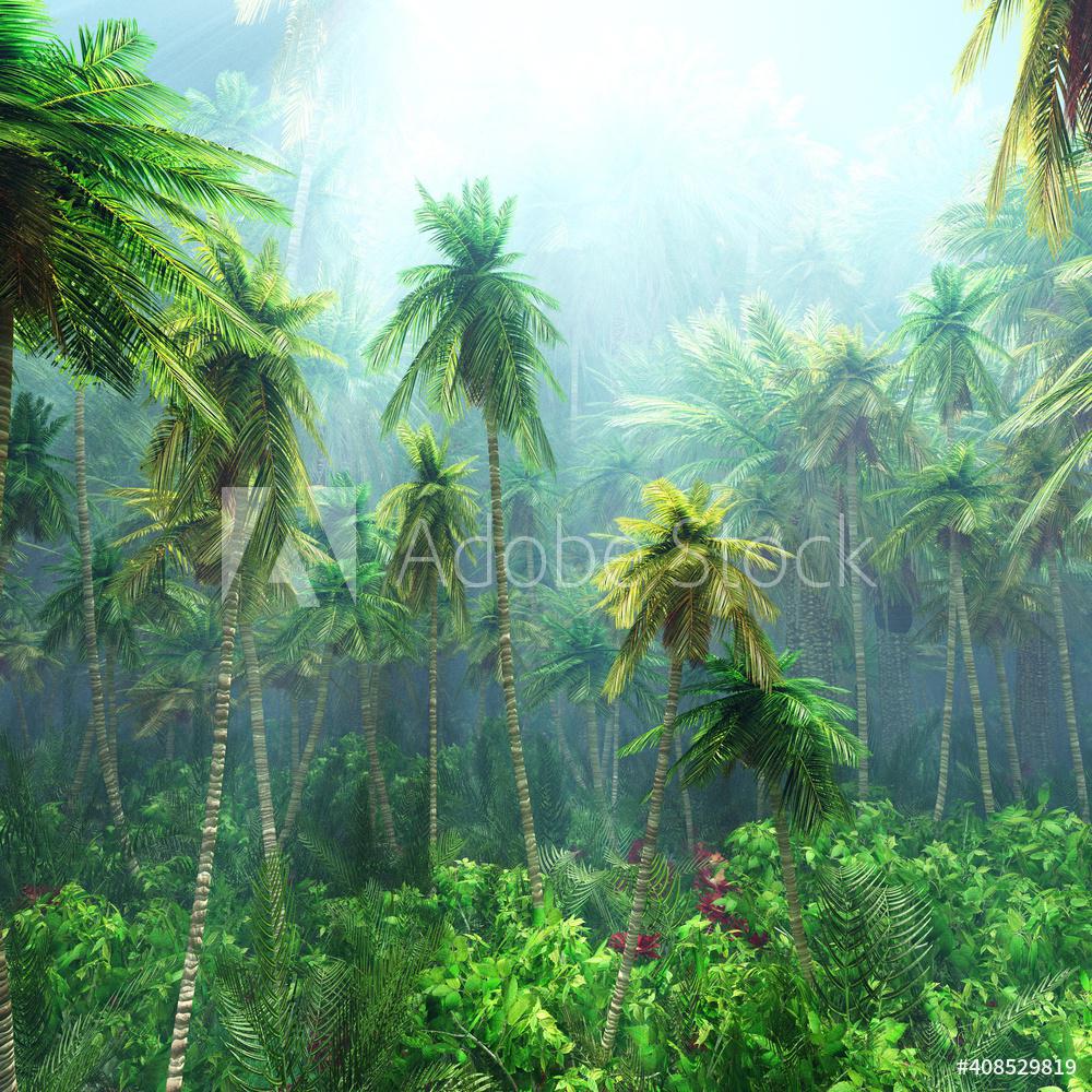 1000x1000 Jungle beautiful rainforest in the fog palm trees in the haze jungle in the morning in the fog 3D rendering from Wallmural