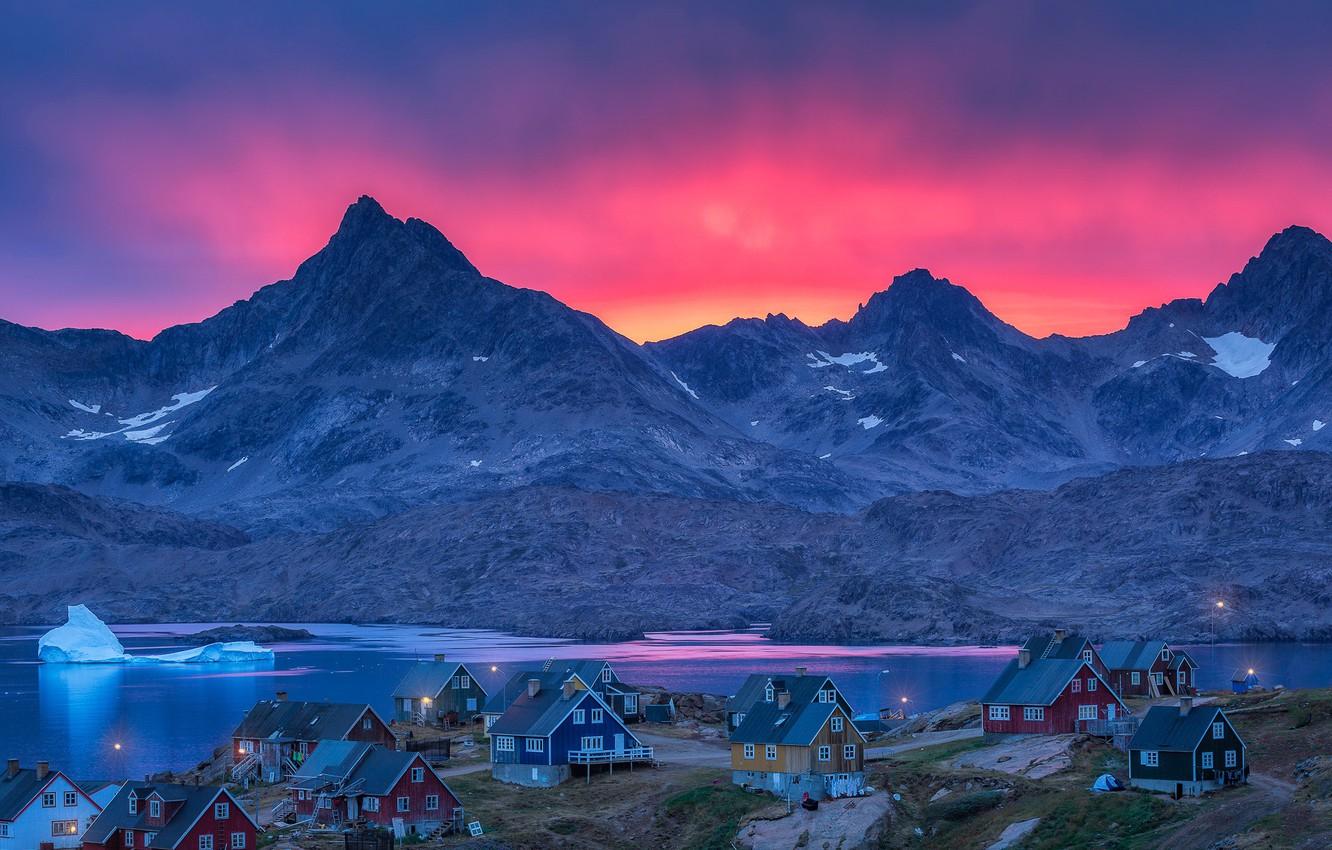 1332x850 Wallpaper sea, mountains, home, glow, the village, Greenland image for desktop, section пейзажи