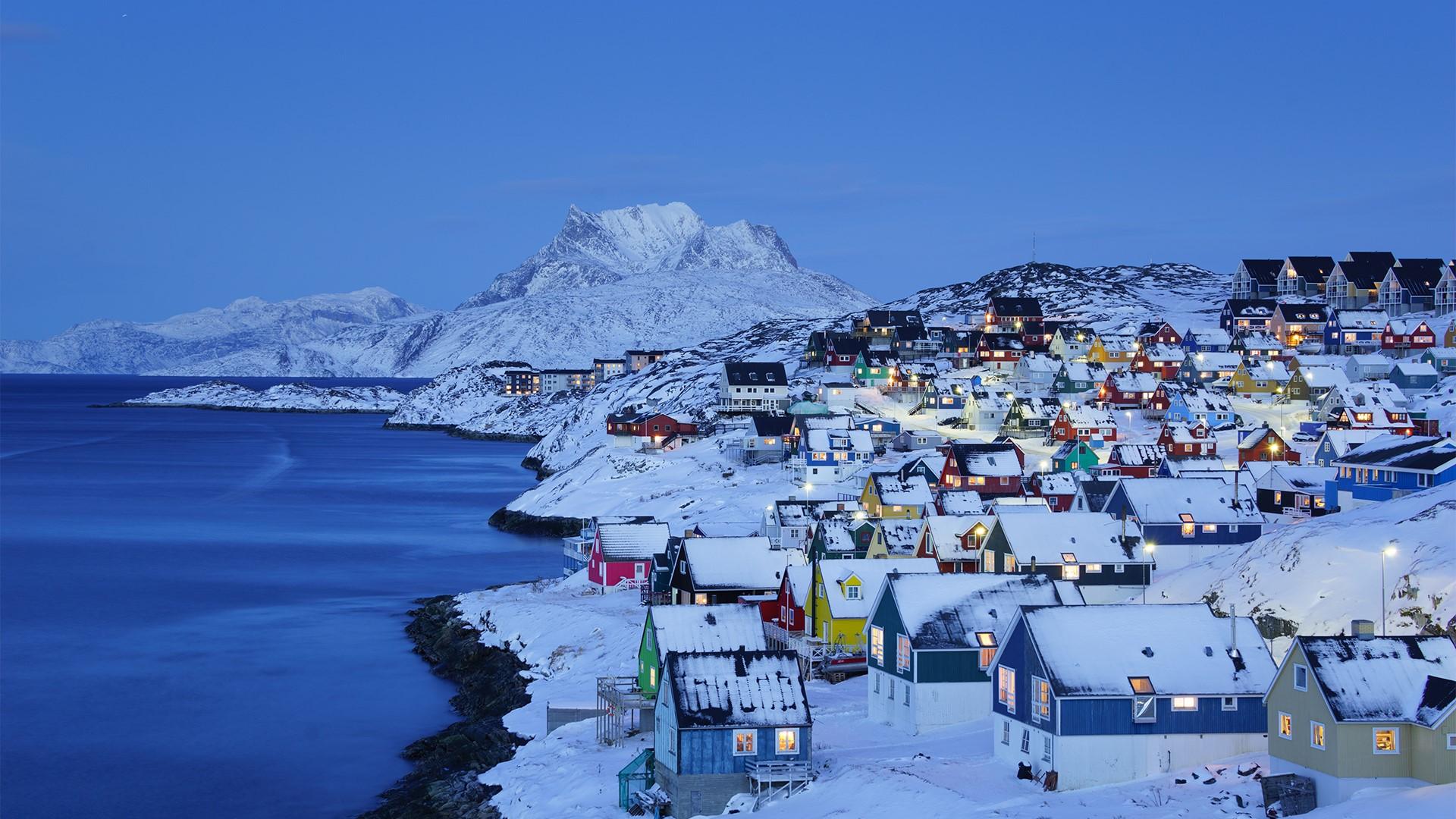 1920x1080 landscape, nature, Greenland, sea, snowy mountain, snow, clouds, evening, coast, house, village Gallery HD Wallpaper