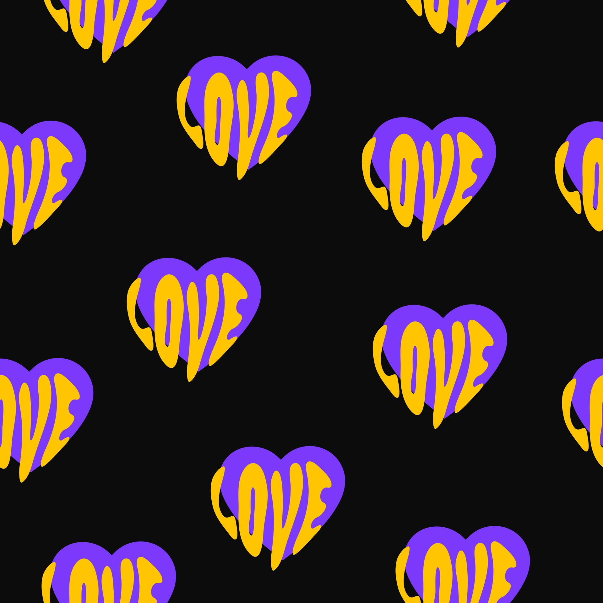 1920x1920 Vector hippie retro seamless pattern with yellow word love and purple hearts on a black background. Trendy psychedelic design love theme, textile, wallpaper, wrapping paper