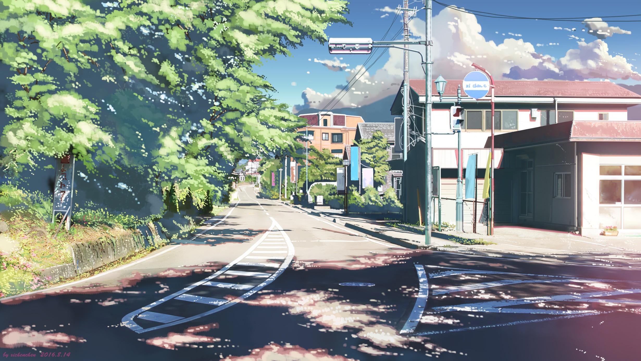 2461x1385 shades, watermarked, clouds, cityscape, building, trees, anime Gallery HD Wallpaper