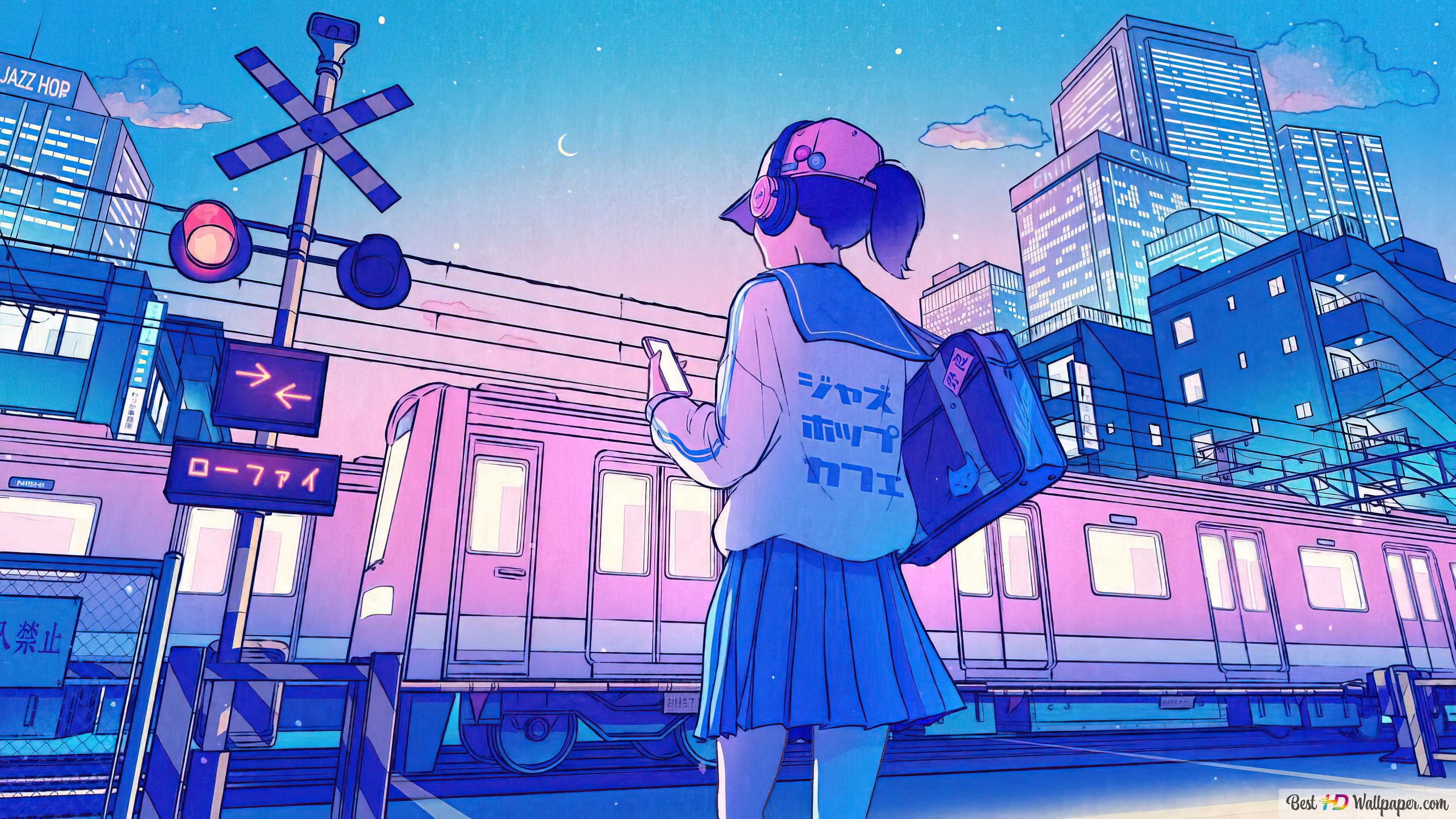 3554x1999 Anime Girl Art Train Night City 4K wallpaper download