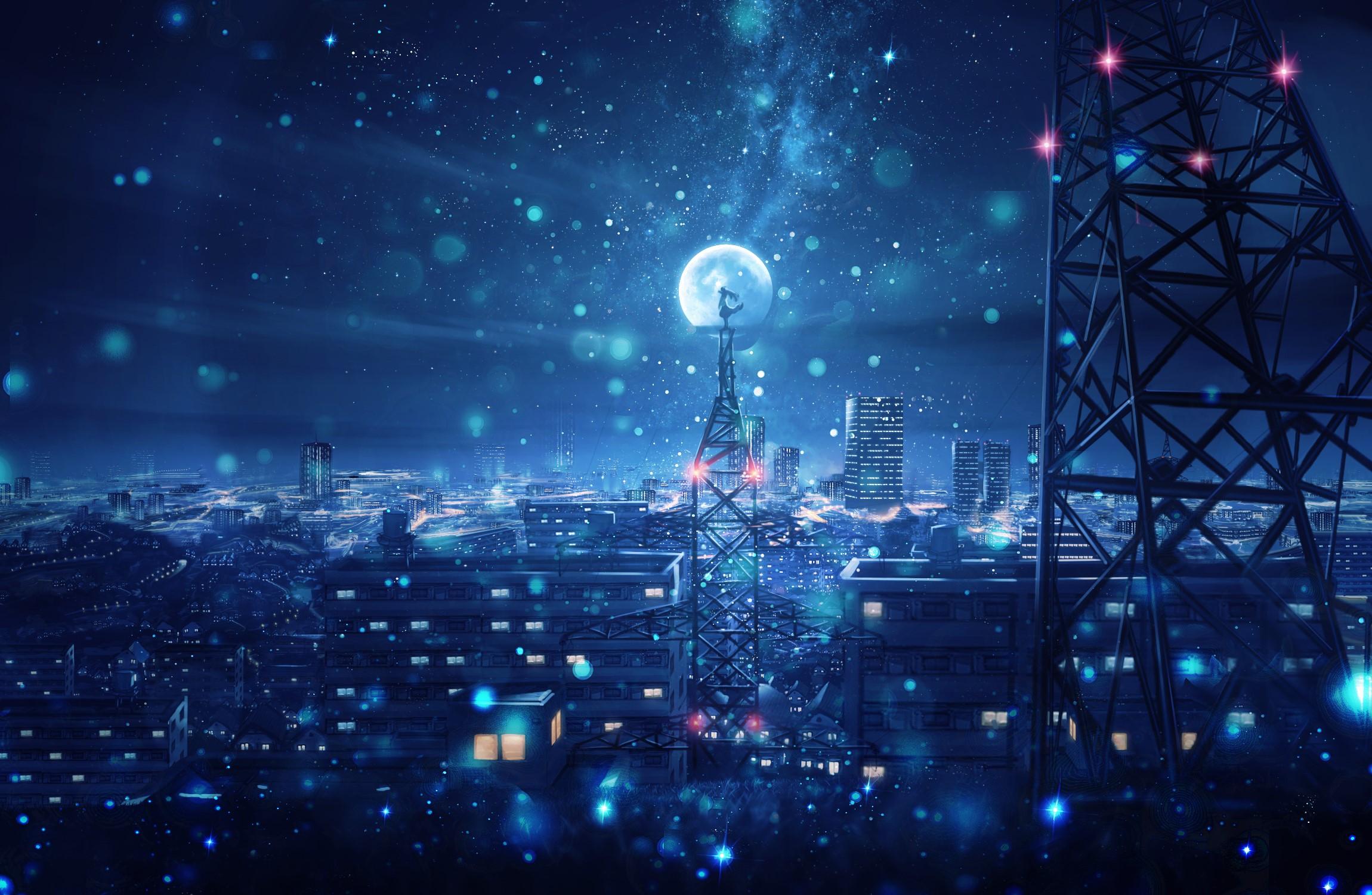 2300x1500 Wallpaper / building, city, Moon, sky, stars, anime free download