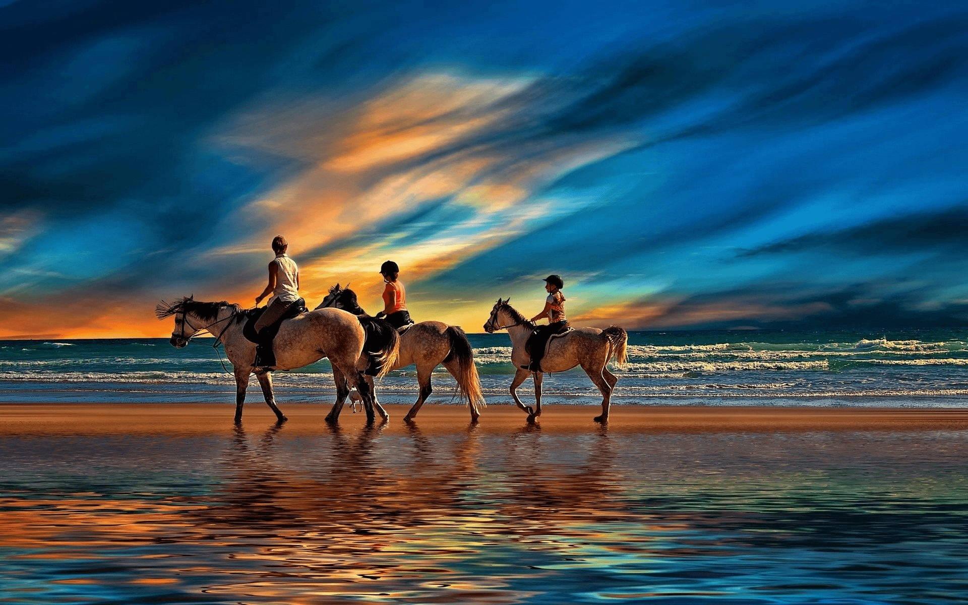 1920x1200 Download Horse Riding Family Beach Paint Art Wallpaper