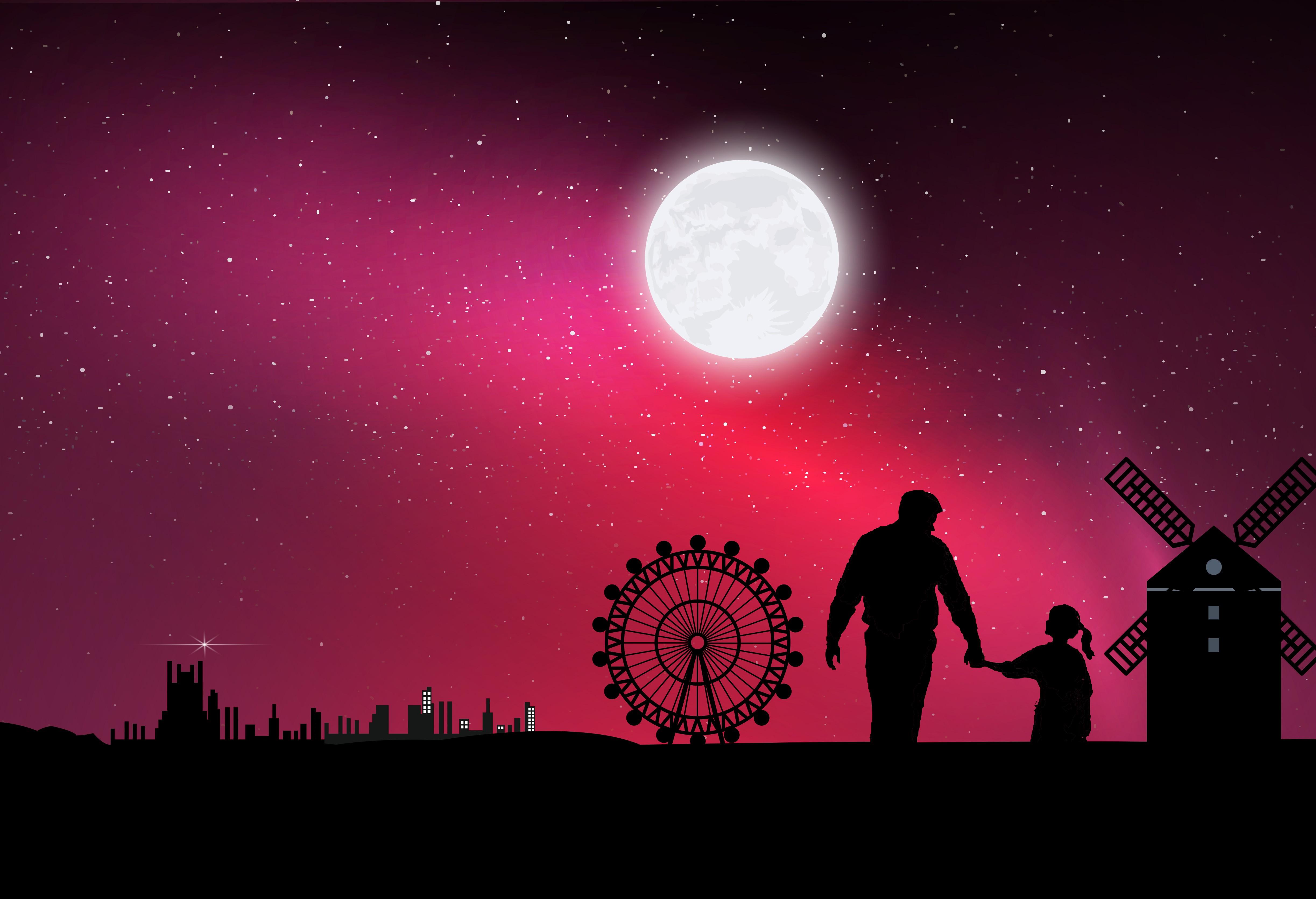 4891x3341 Wallpaper / love, father, daughter, artist, artwork, digital art, hd, 4k, 5k, family, moon free download