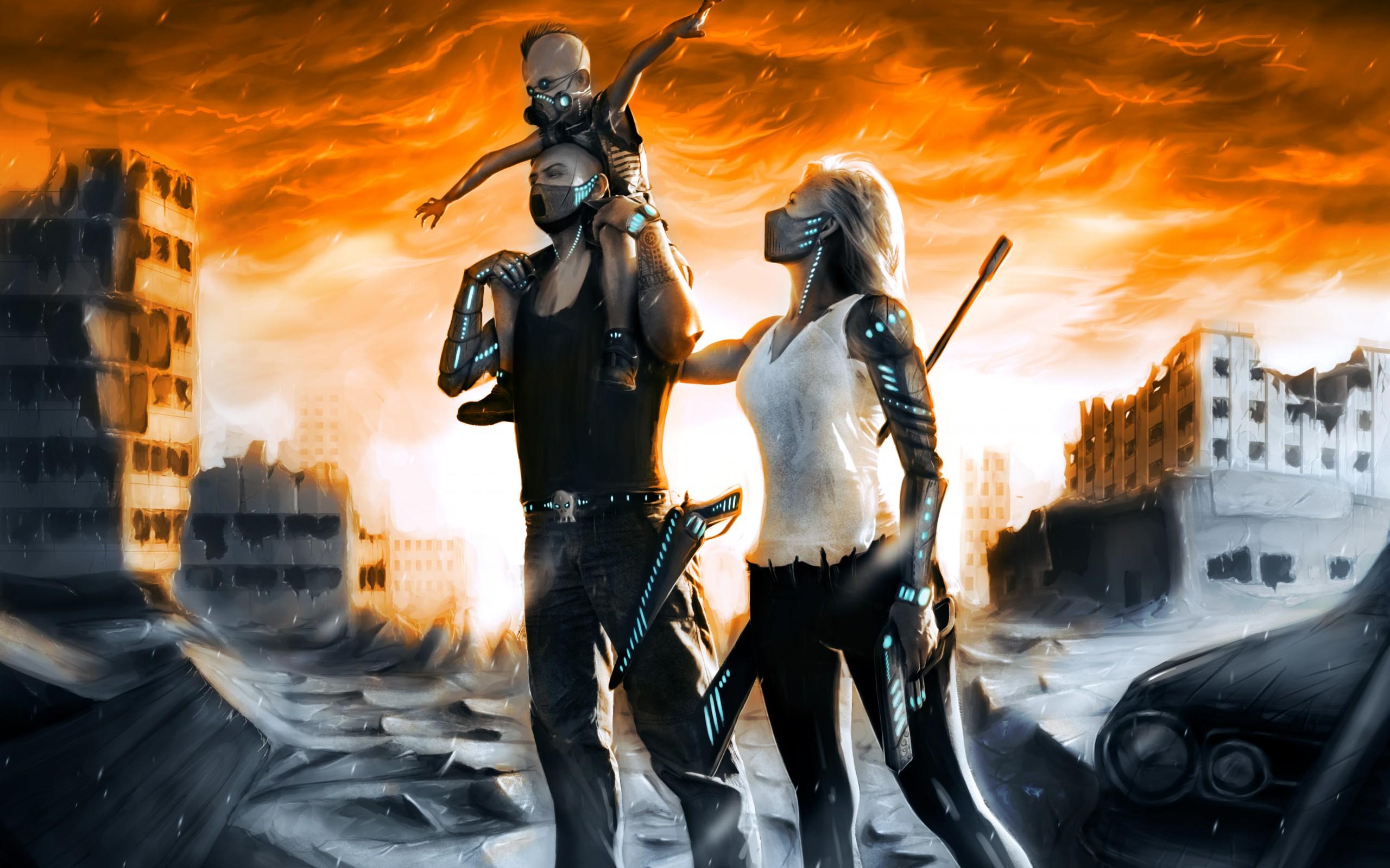2560x1600 Art ruins city razruka Post Apocalyptic family child gun mask gas futuristic women females girls men males dark fire clouds wallpaperx1600