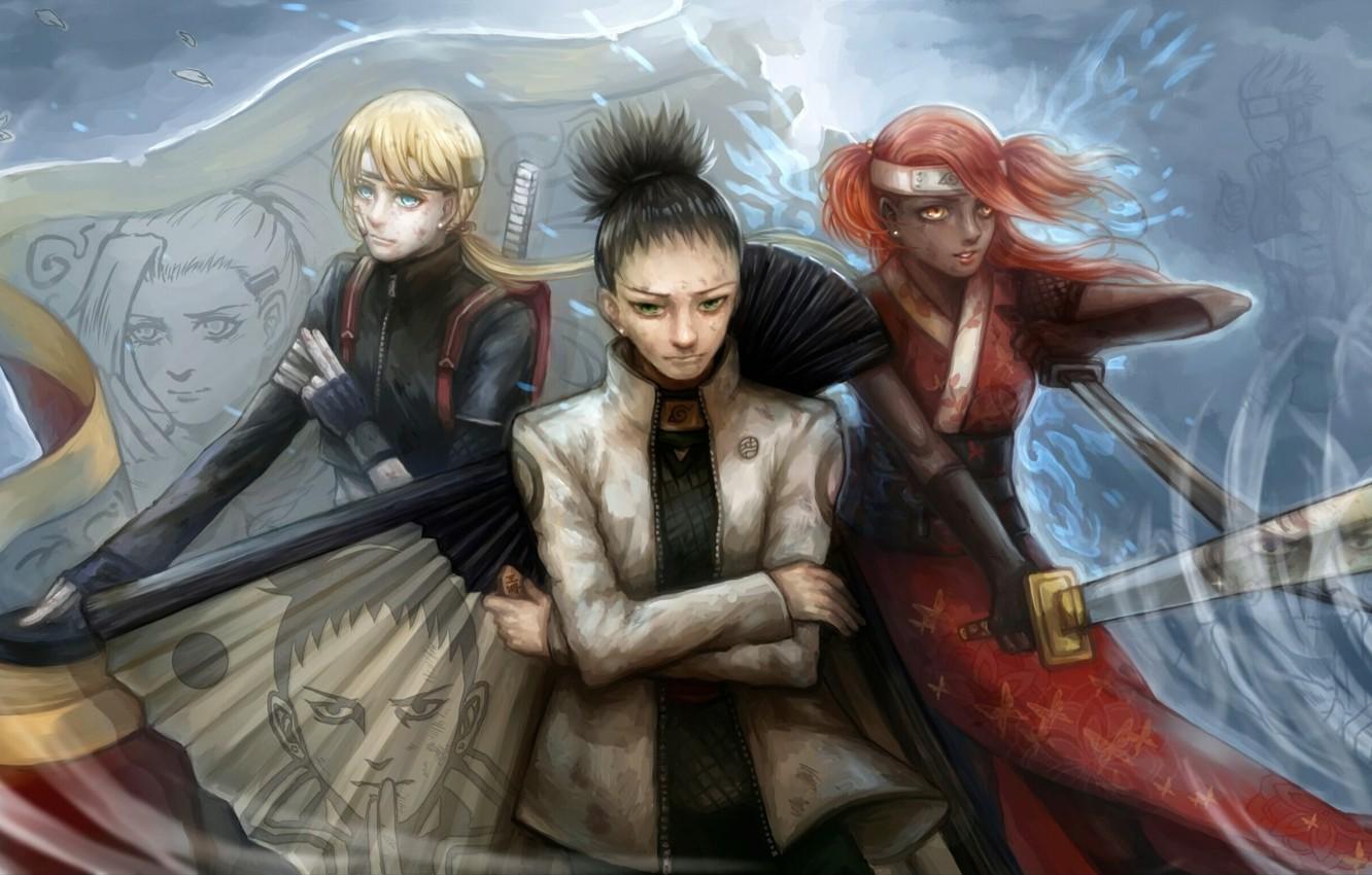 1332x850 Wallpaper katana, fan, naruto, art, Chocho, Shikadai, by a sea of wild energy, Inojin image for desktop, section прочее