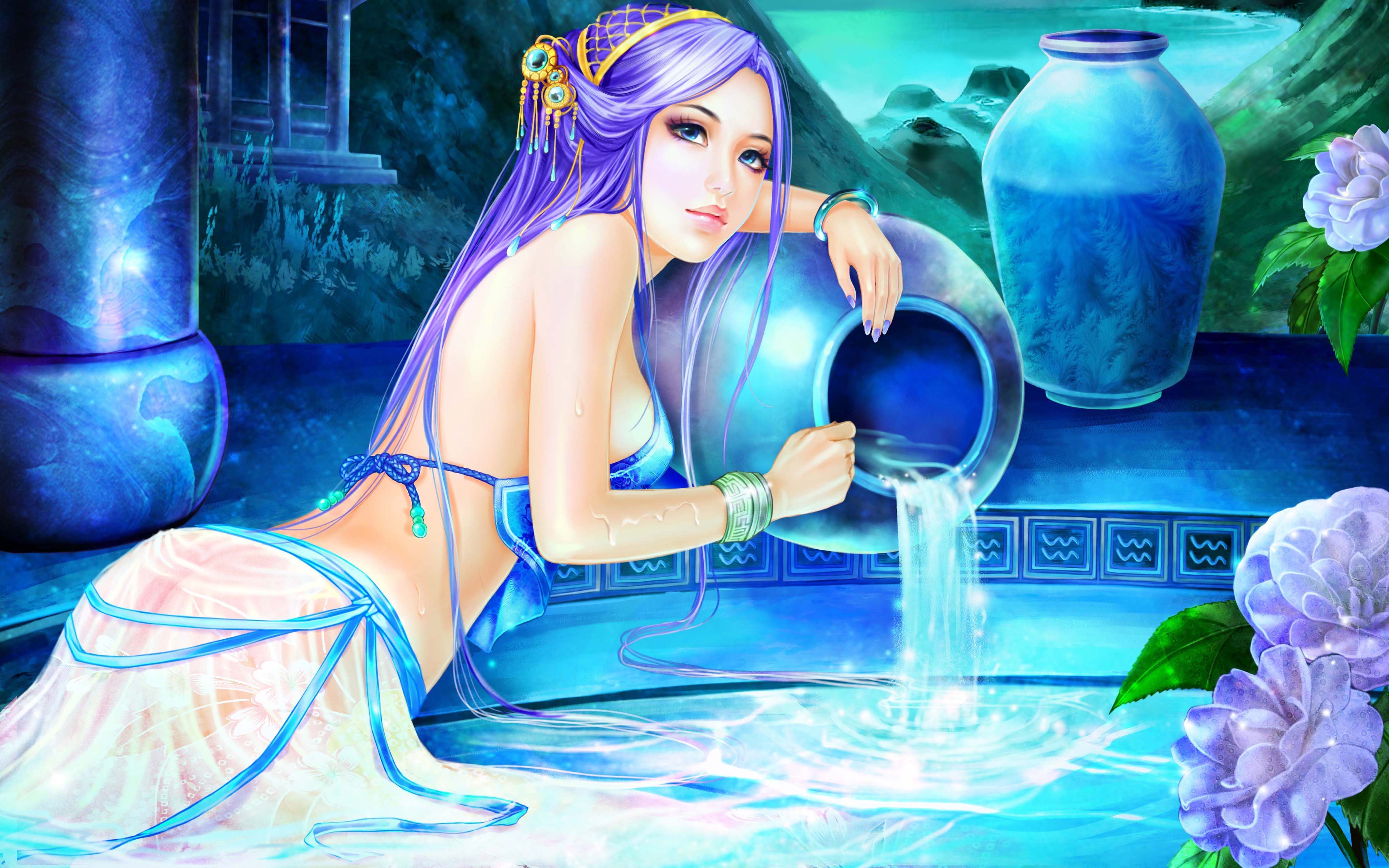 5200x3250 Aquarius Astrology Zodiac Signs Girl Bowls with water flowers Fantasy Art Desktop HD Wallpaper for Mobile phones Tablet and PC 5200x3250 :