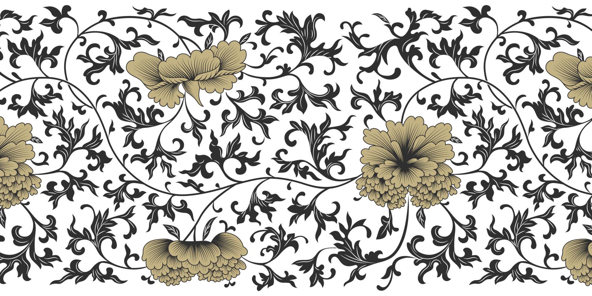 1920x960 Japanese black, gold and white vector background. Peony flower oriental pattern. Asian antique floral border for printing on packaging, textiles, paper, covers, manufacturing, wallpaper