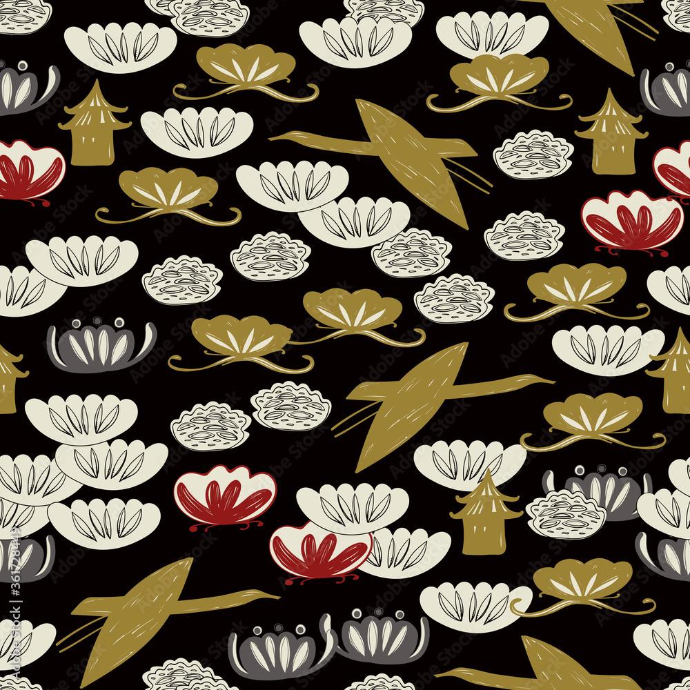 1000x1000 Seamless pattern cranes swans, herons birds fly, water lily, asian japanese chinese style gold gray black background. sketch trend of the season. Can be used for Gift wrap fabrics, wallpaper. Vector Stock