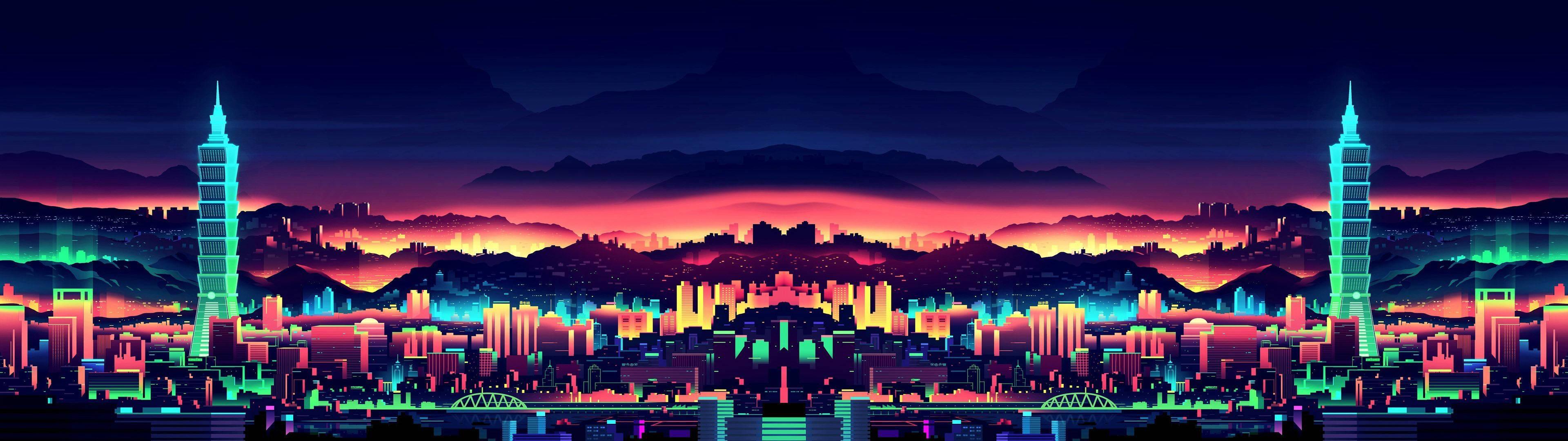 3840x1080 Download Dual Monitor Vaporwave City Wallpaper