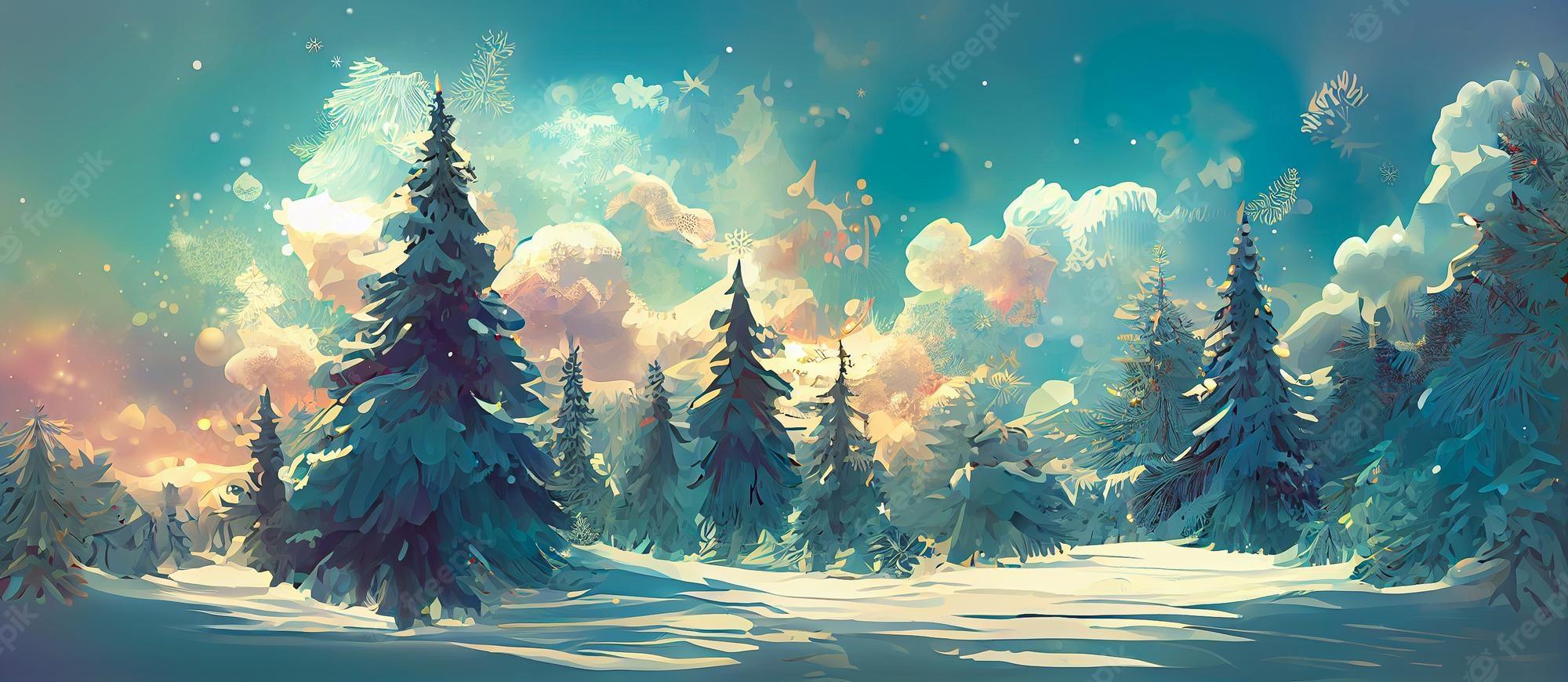 2000x870 Premium Photo. Christmas decorated green spruce trees in winter forest abstract fantasy festive christmas tree background header wallpaper winter abstract landscape sunlight in the winter forest