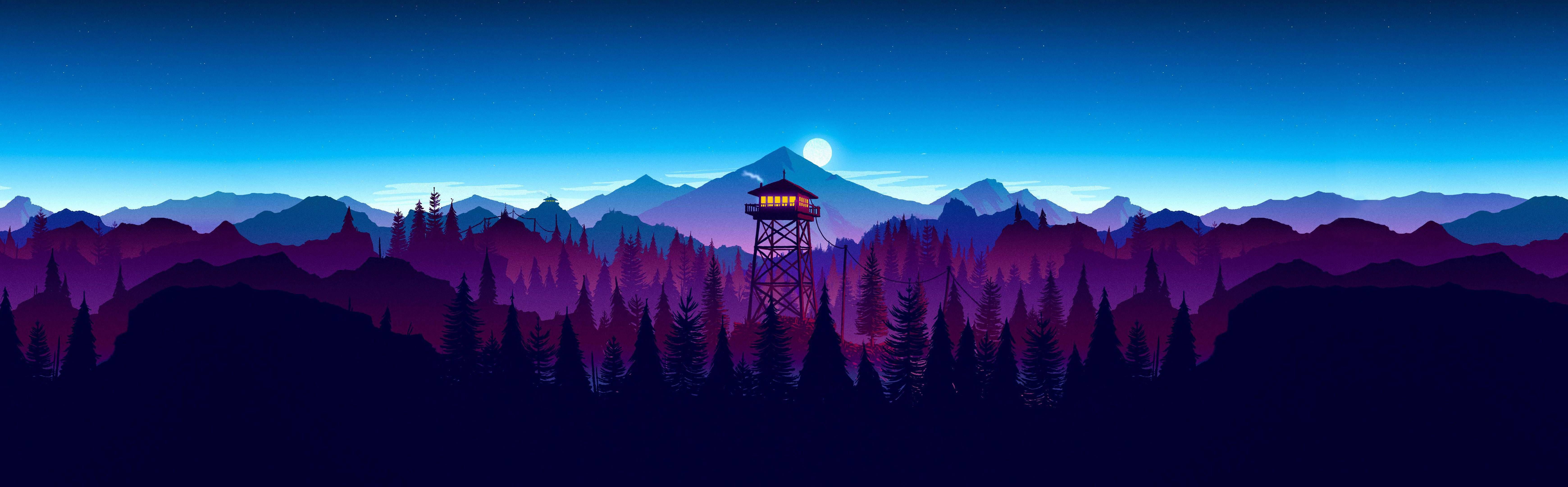 6960x2160 Download 4k Dual Monitor Watchtower In Forest Wallpaper