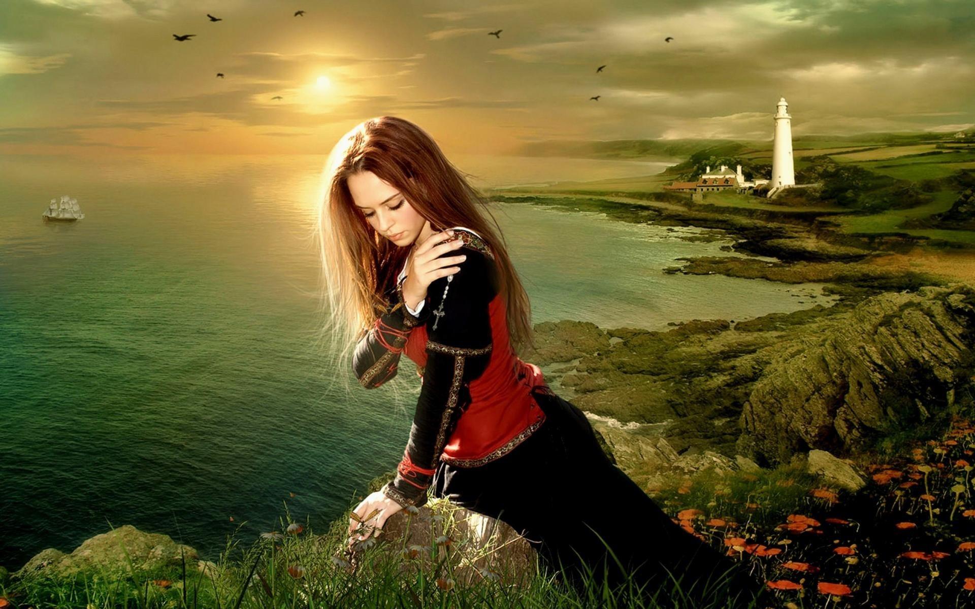 1920x1200 sunlight, women, model, fantasy art, sea, nature, brunette, morning, lighthouse, cross, Gothic, emotion, romance, autumn, flower, meadow, computer Gallery HD Wallpaper