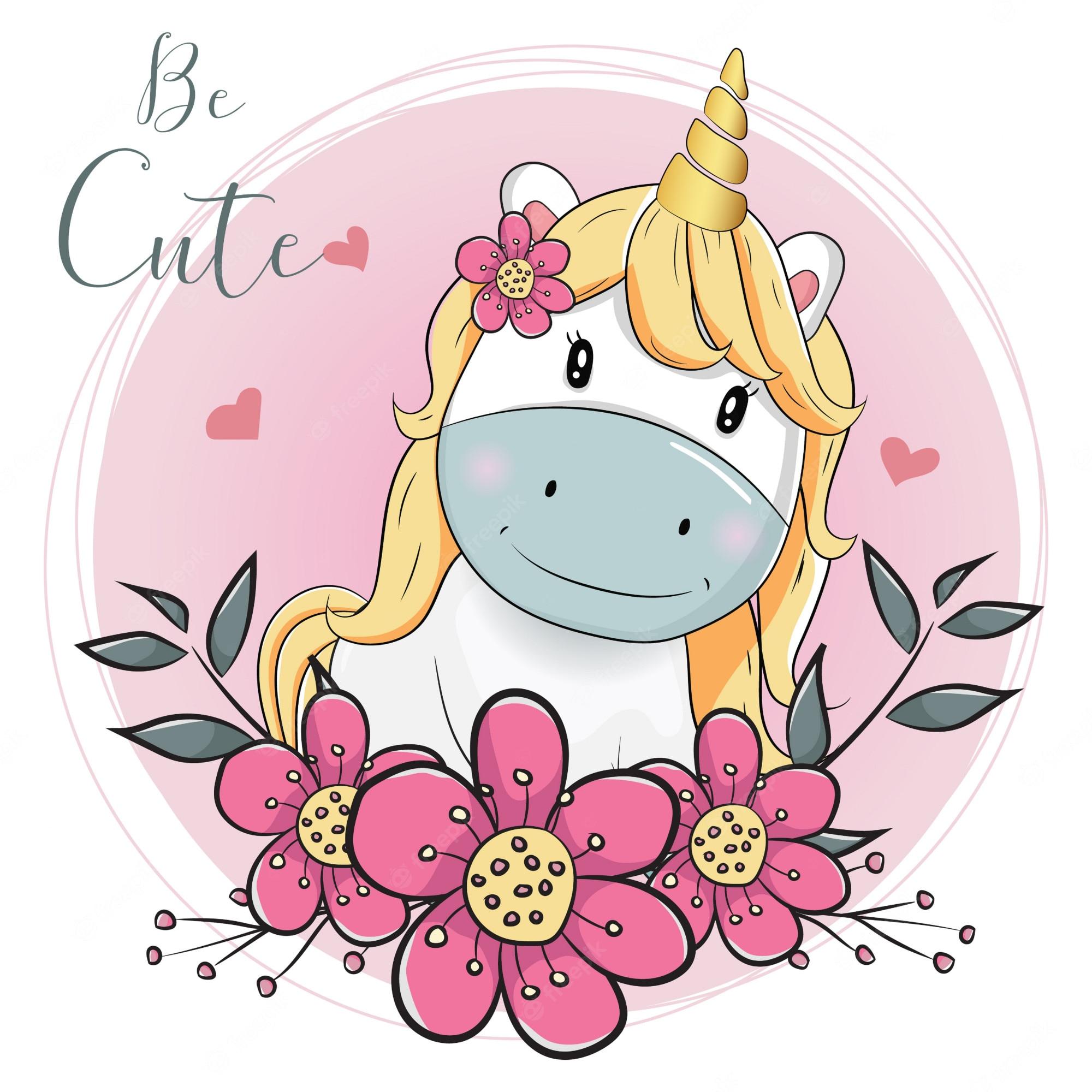 2000x2000 Premium Vector. Cute cartoon unicorn with flowers with pink background