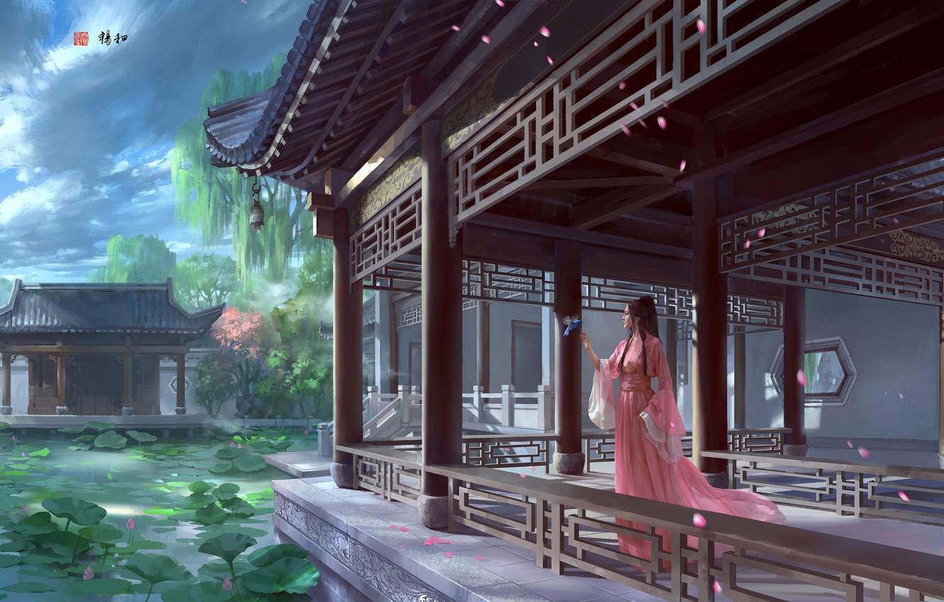 1332x850 Wallpaper lake, fantasy, art, Lotus, Princess, Palace, zhong wenhao, Crisp, the favorable wind and smooth. image for desktop, section фантастика