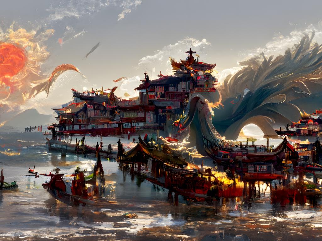 1024x768 Wallpaper china's ancient town, dragon, fantasy, art desktop wallpaper, HD image, picture, background, cbb16c