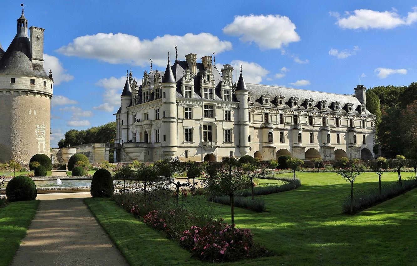 1332x850 Wallpaper trees, Park, castle, France, tower, garden, fountain, architecture, France, Castle of Chenonceau, The Castle Of Chenonceau, The Loire Valley, Loire Valley, The Garden Of Catherine De Medici, donjon, Garden of Catherine