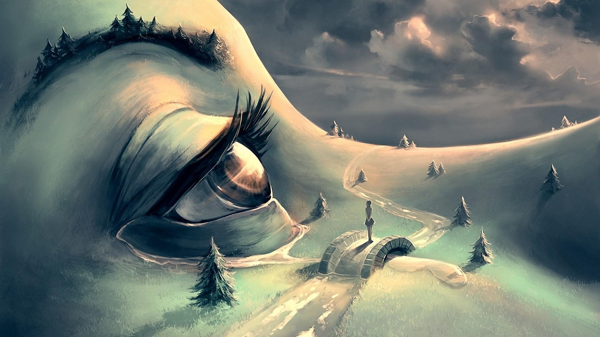 1920x1080 surreal, fantasy art, tears, path, hills, clouds, eyes, stream, face, artwork, forest, AquaSixio, bridge, trees, women Gallery HD Wallpaper