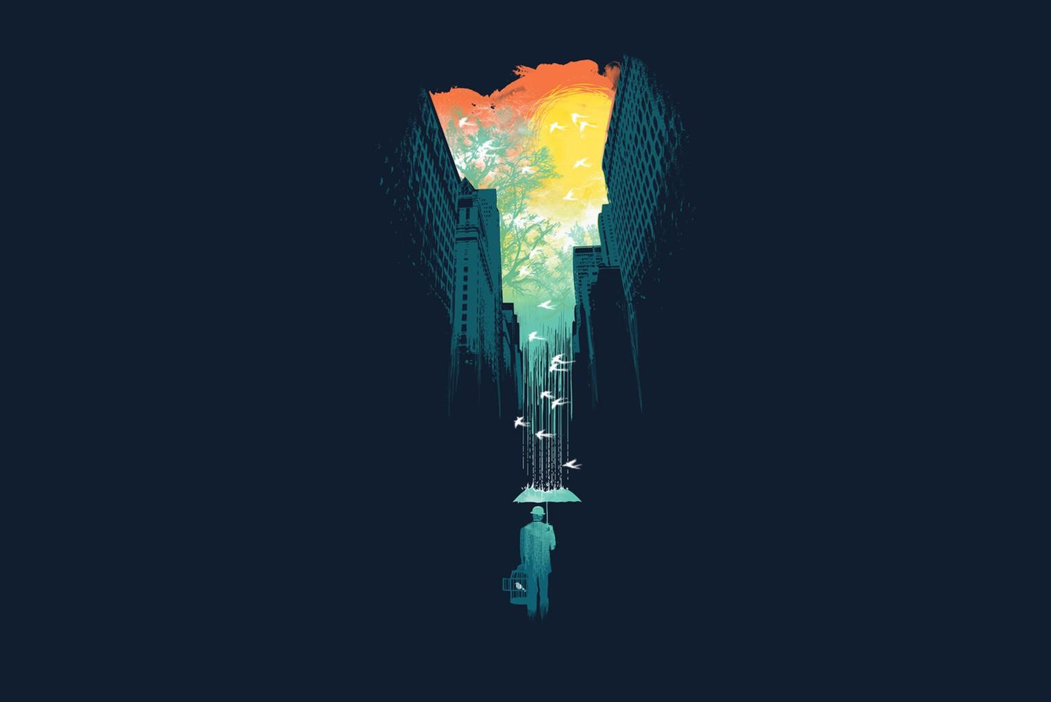 1534x1024 psychedelic, City, Cities, Rain, Mood, Umbrella, Bokeh, Humor, Surreal Wallpaper HD / Desktop and Mobile Background