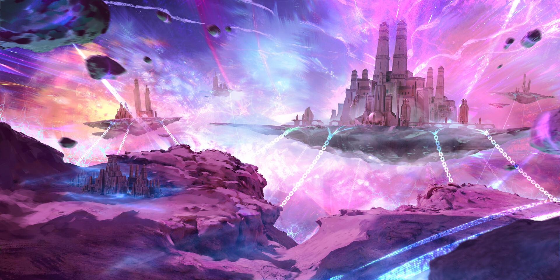 1920x960 Digital Art Dan Roff Fantasy City Fantasy Architecture Chains Pink Surreal Wallpaper:1920x960