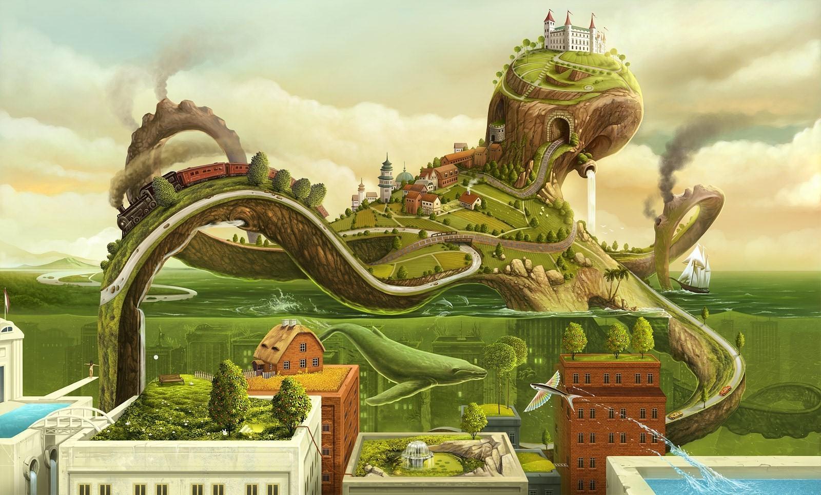 1600x966 surreal octopus whale artwork Wallpaper HD / Desktop and Mobile Background