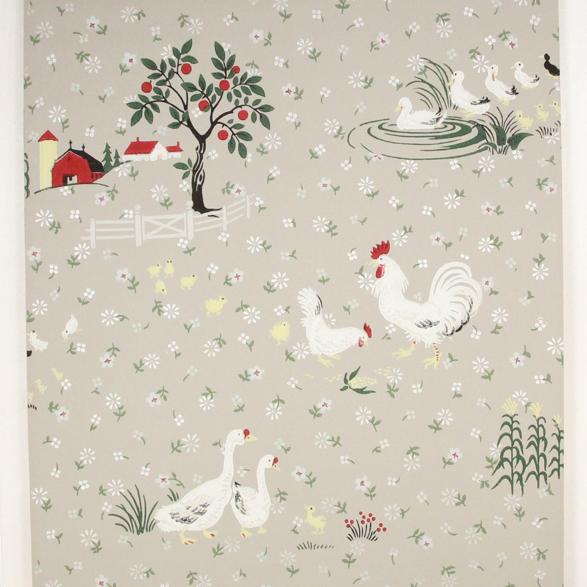 2048x2048 1940s Vintage Wallpaper Farmyard Barn Chickens Ducks on Gray's Vintage Wallpaper