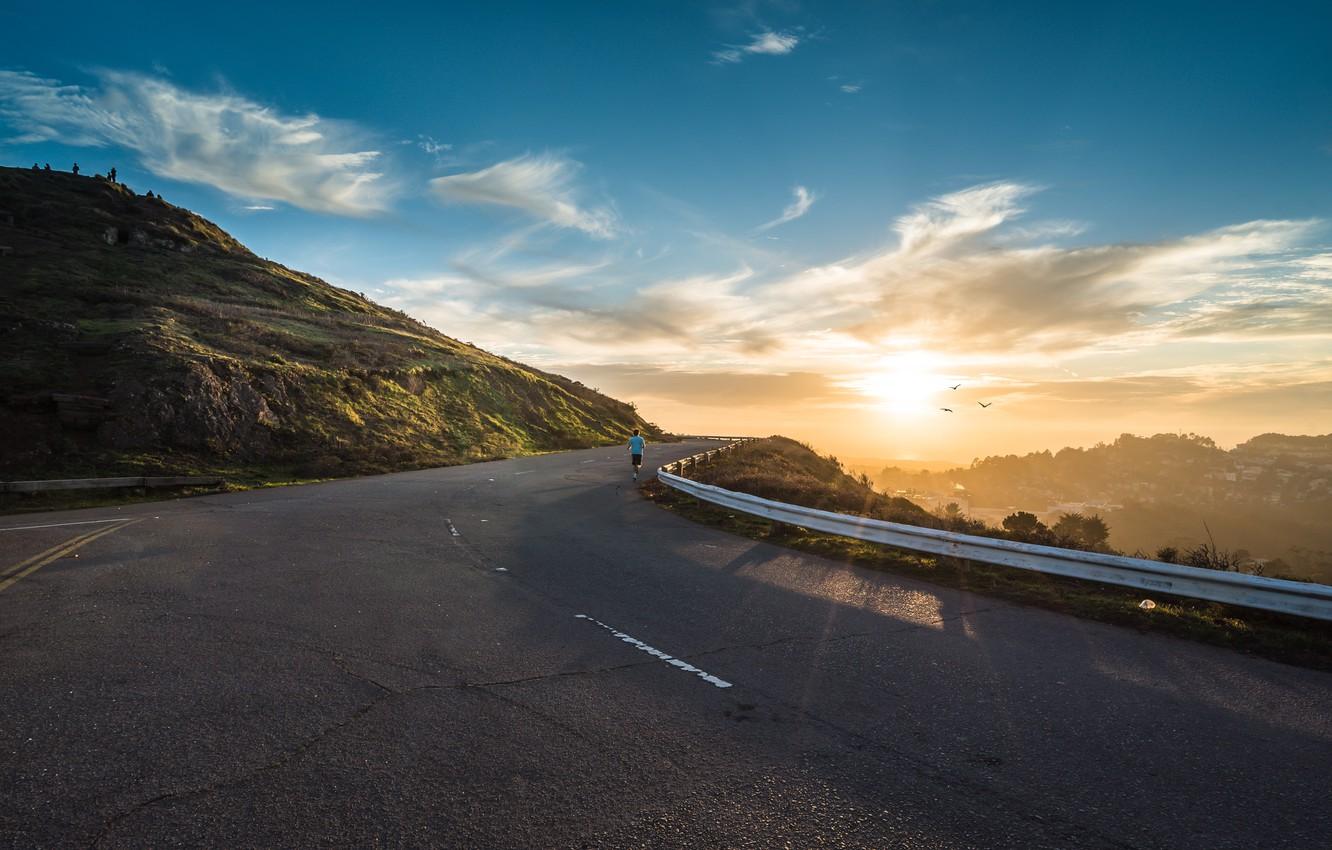 1332x850 Wallpaper road, the sun, dawn, mountain, morning, running, athlete, runner, run image for desktop, section ситуации