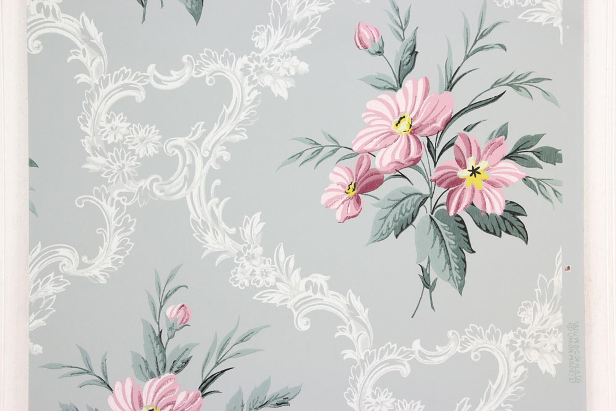 2048x1366 1940s Vintage Wallpaper Pink Bouquets on Gray's Vintage Wallpaper