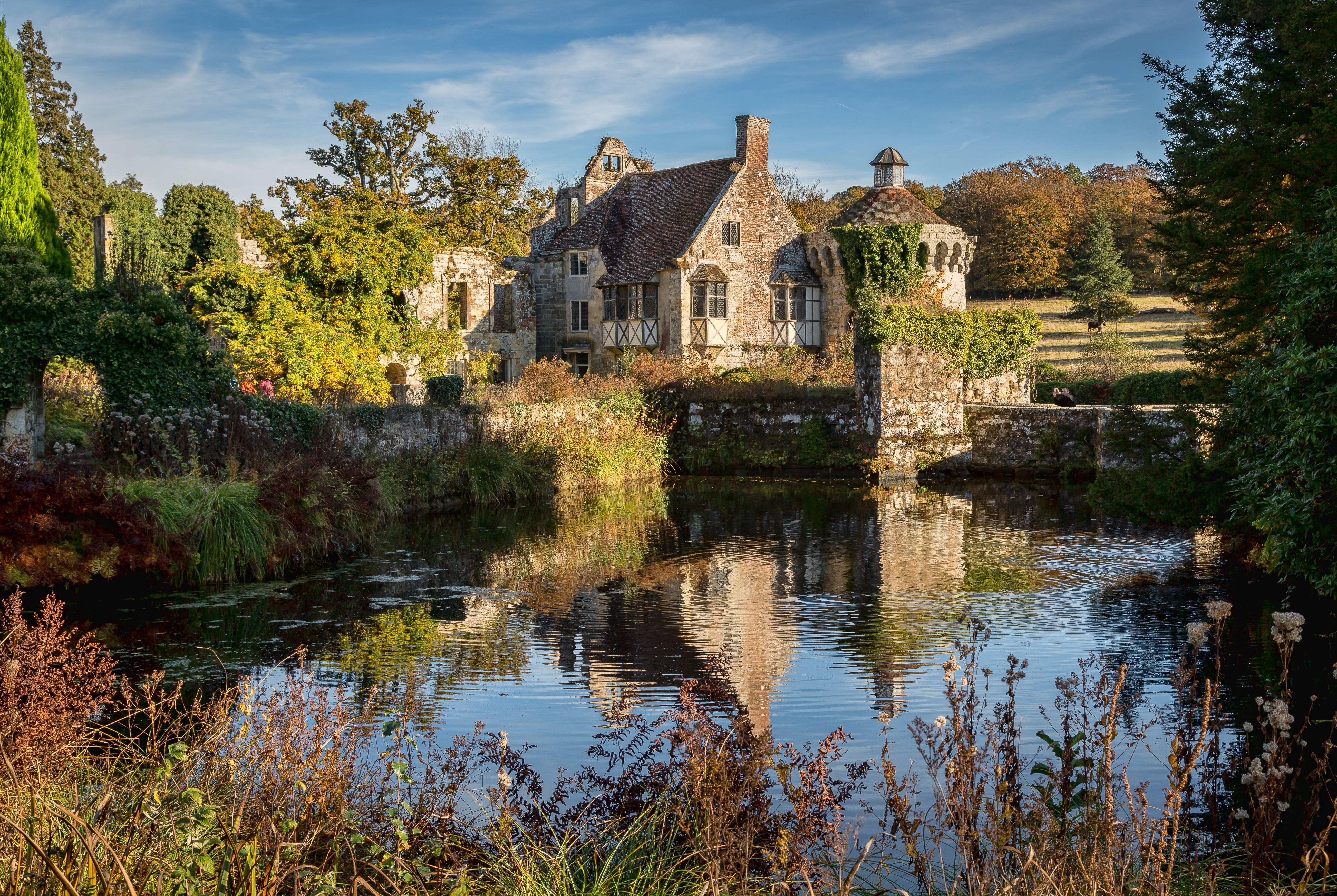 5210x3491 4K, 5K, Scotney Castle, England, Castles, Pond, Shrubs Gallery HD Wallpaper