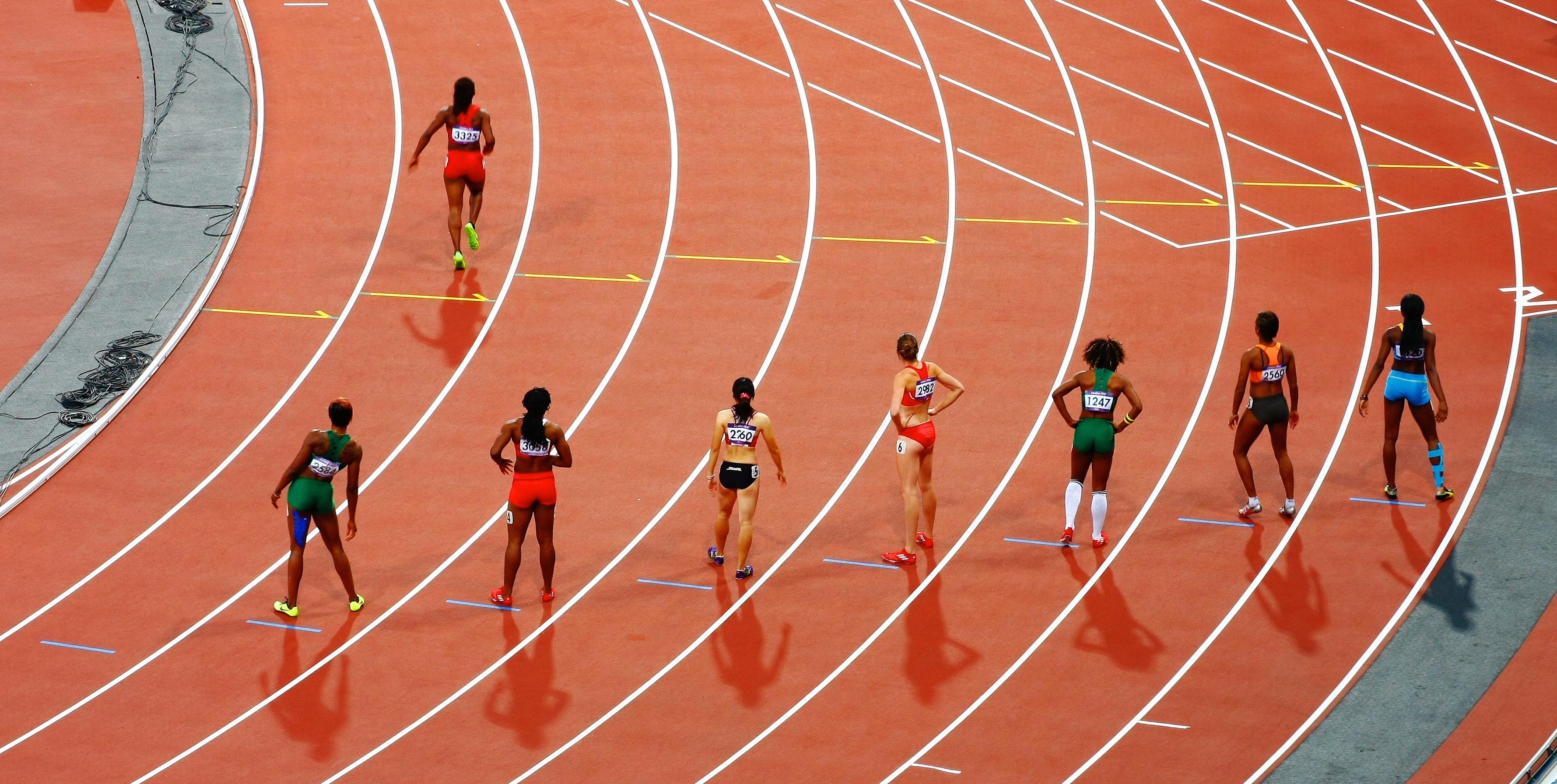 3558x1791 3558x1791 race, woman, athlete, track, athletic, false start, olympic, sprinting, person, running, Creative Commons image, runner, sport, competition, rainy, team Gallery HD Wallpaper