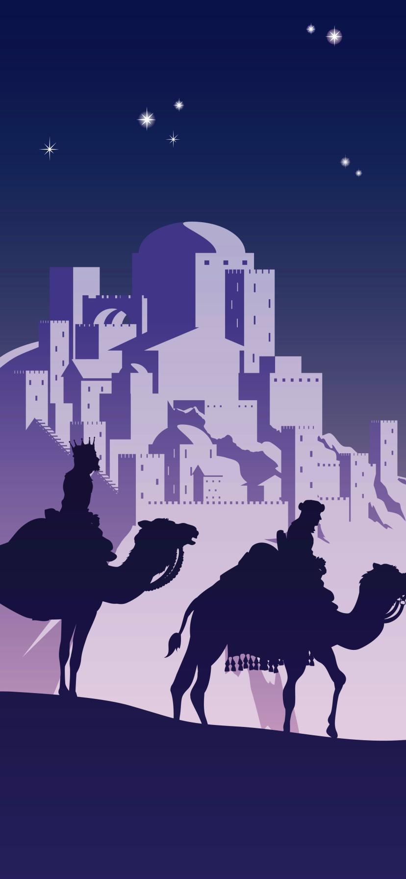 828x1792 Wallpaper / Holiday Christmas Phone Wallpaper, The Three Wise Men, Stars, Camel, Night, Town, 828x1792 free download