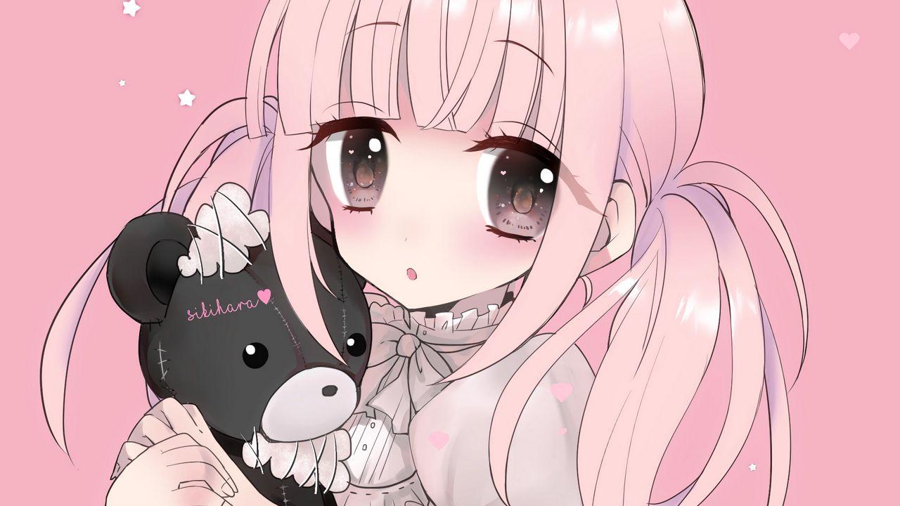 1280x720 Wallpaper girl, bear, toy, anime, art, pink, cute hd, picture, image