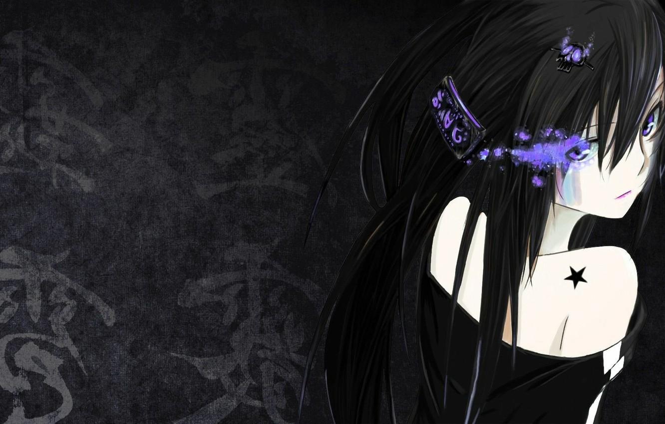 1332x850 Wallpaper girl, the dark background, star, brunette, characters, girl, star, brunette, anime art, dark background, hieroglyphs, anime art image for desktop, section арт
