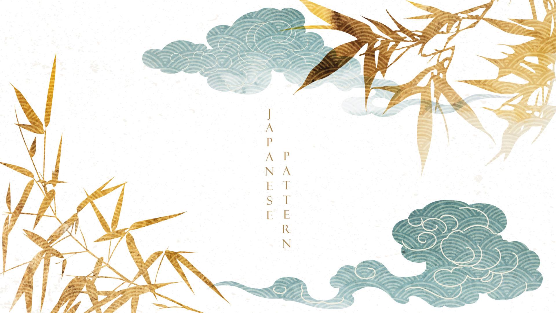 1920x1080 Natural background with Japanese pattern vector. Bamboo and cloud elements template with watercolor texture. Abstract arts wallpaper in vintage style