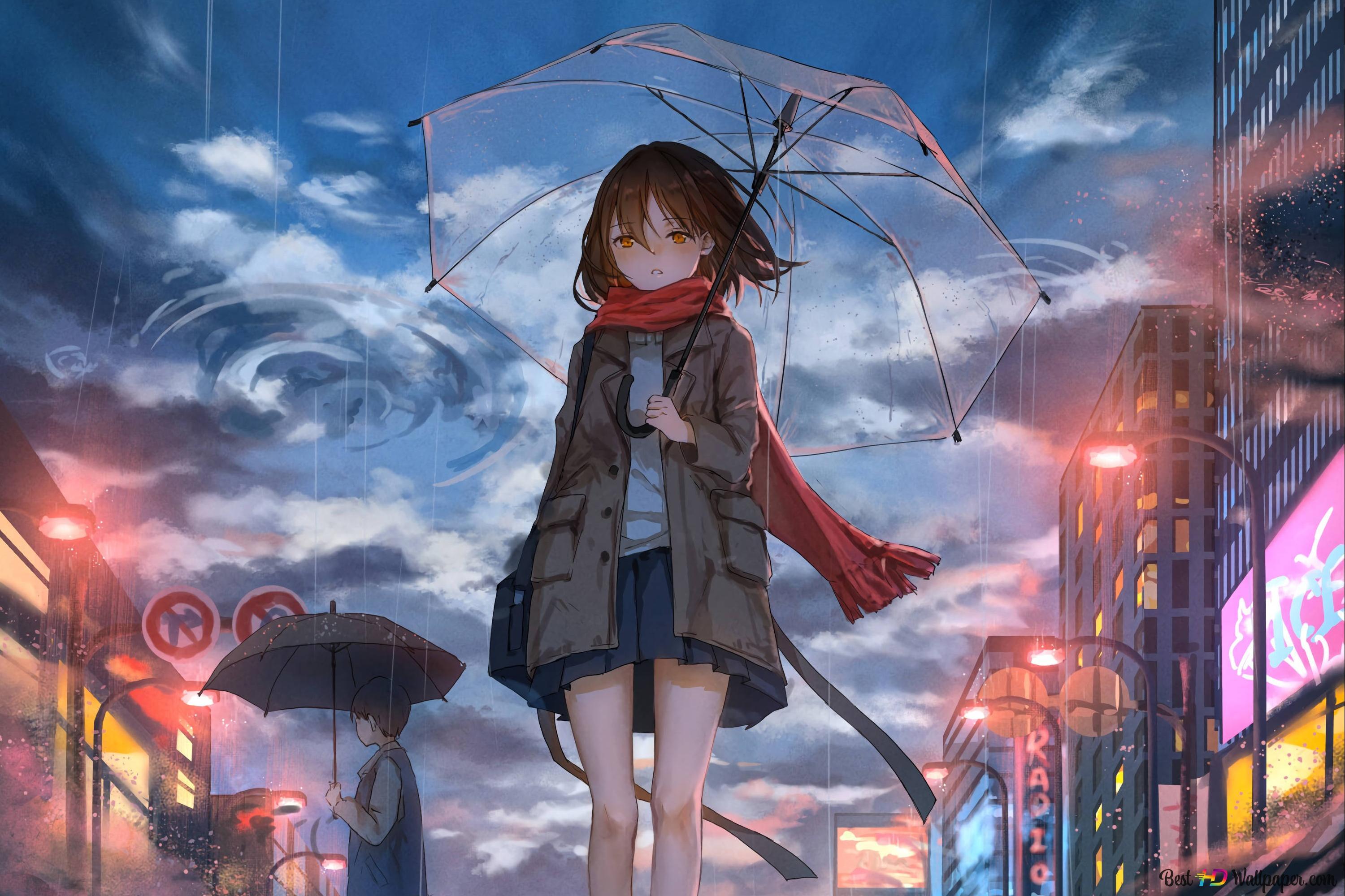 3000x2000 Beautiful anime girl with umbrella walking between city buildings in cloudy and rainy weather 2K wallpaper download