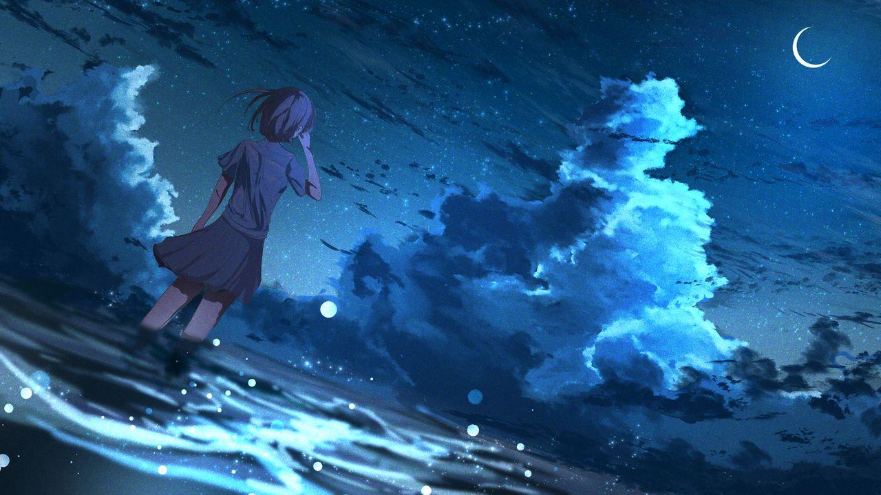 1280x720 Girl Anime Wind Night Stars Art Wallpaper Background HD Wal For Your XFCE Desktop