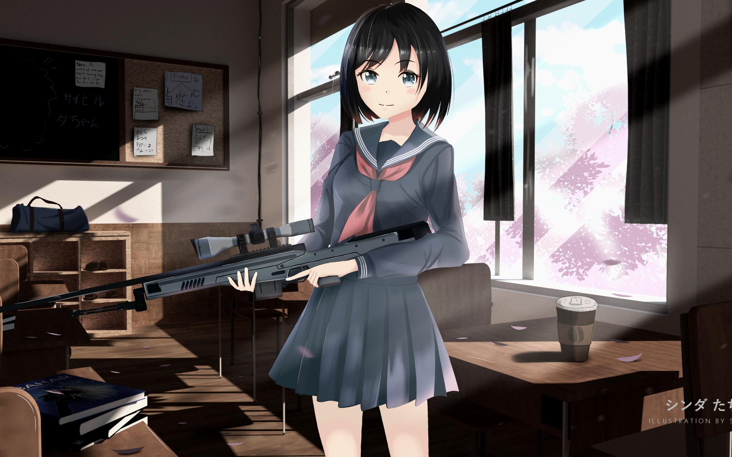 2560x1600 Anime Girl With Gun In School 2560x1600 Resolution HD 4k Wallpaper, Image, Background, Photo and Picture