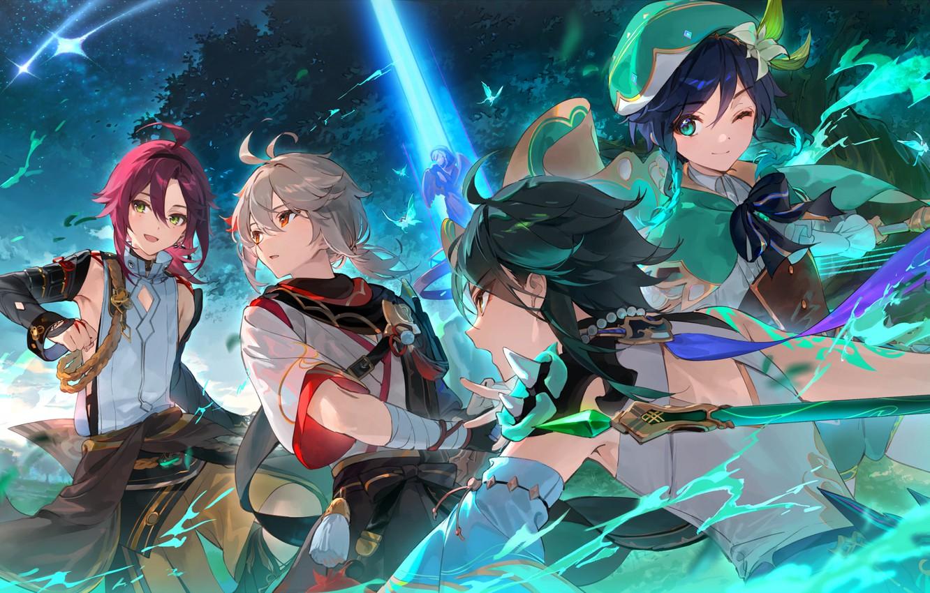 1332x850 Wallpaper water, trees, night, guys, Xiao, Genshin Impact, Venti, Kaedehara Kazuha, Shikanoin Heizou image for desktop, section игры