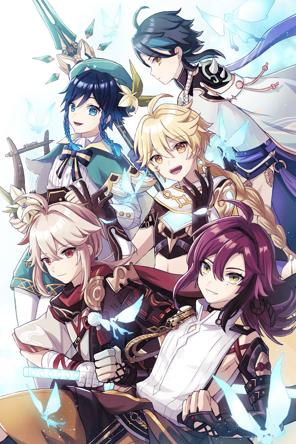 1000x1500 aether, venti, xiao, kaedehara kazuha, crystalfly, and 1 more (genshin impact) drawn