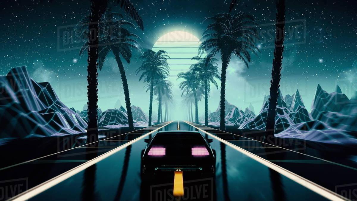 1200x675 80s Retro Futuristic Sci Fi Seamless Loop With Vintage Car. Riding In Retrowave VJ Videogame Landscape, Blue Neon Lights And Low Poly Grid. Stylized Cyberpunk Vaporwave 3D Animation Background. 4K